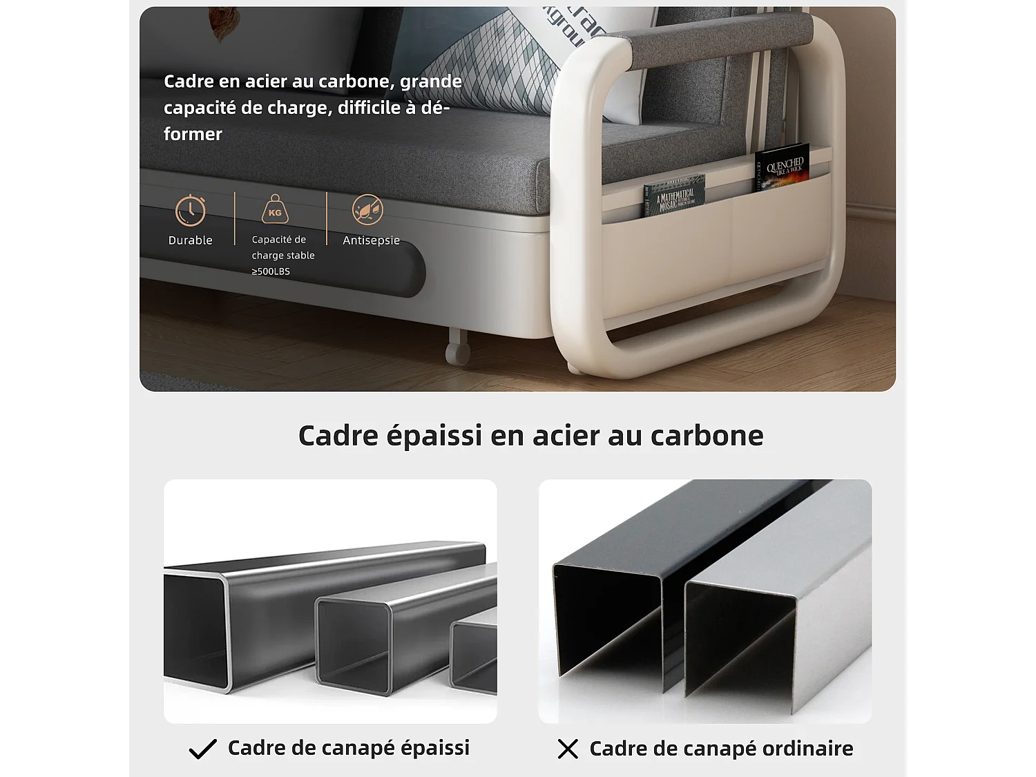 Canapé-lit Extensible 150 cm, Canapé avec Fonction de Couchage et Espace de Rangement, Canapé Convertible pour Petits espaces et Salon, Gris foncé et Blanc (150 cm)