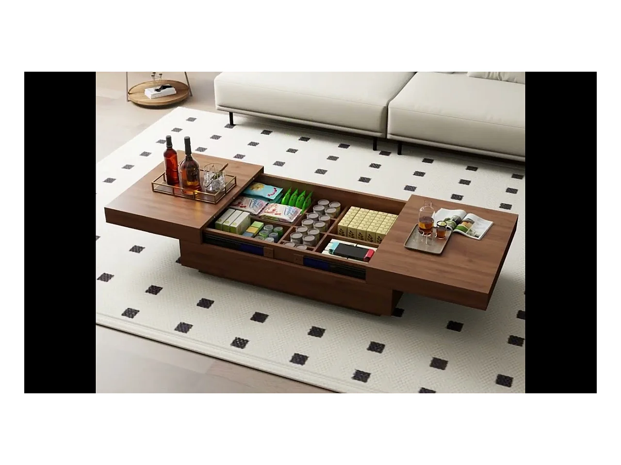 Table Basse Extensible, Design Rectangulaire, 120-208 cm, Rangement Caché, Moderne et Pratique, Noyer
