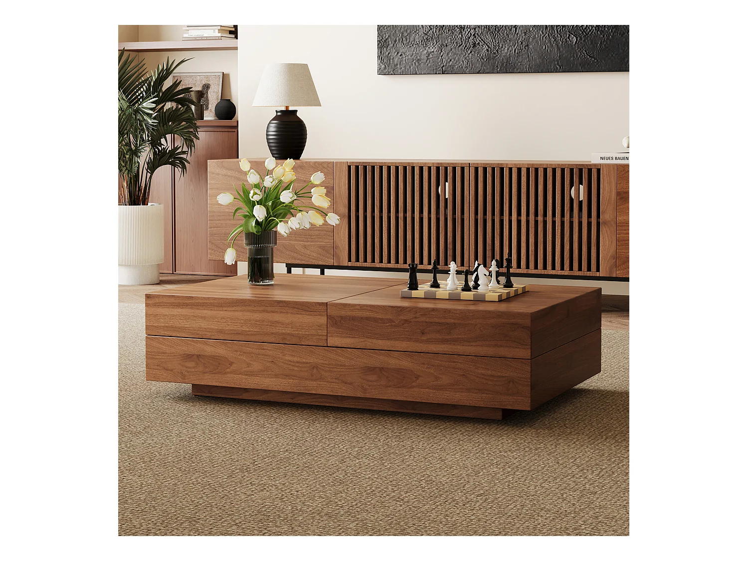 Uitschuifbare salontafel van notenhout, rechthoekig design, 120-208 cm, verborgen opbergruimte, modern en praktisch