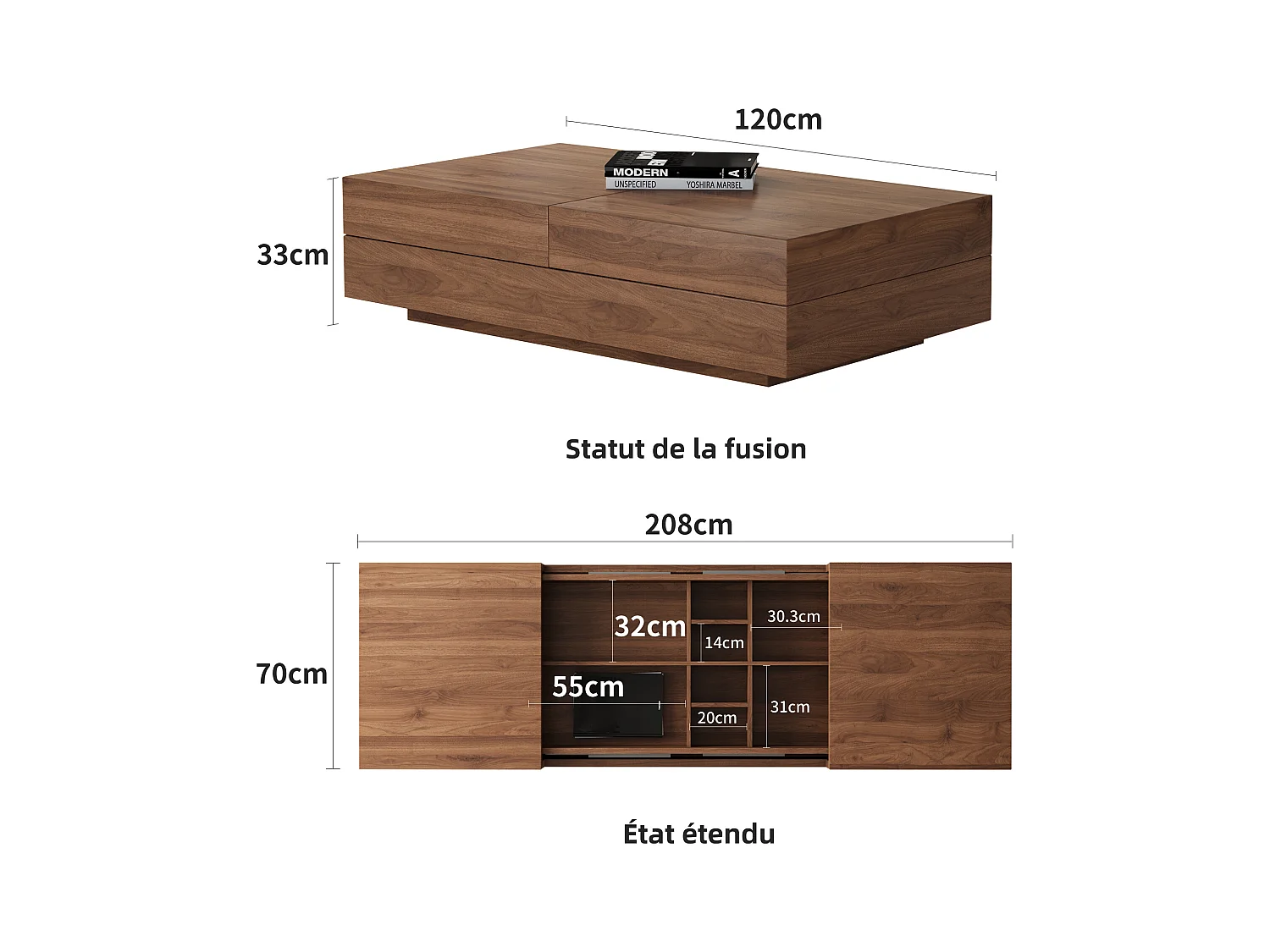 Uitschuifbare salontafel van notenhout, rechthoekig design, 120-208 cm, verborgen opbergruimte, modern en praktisch