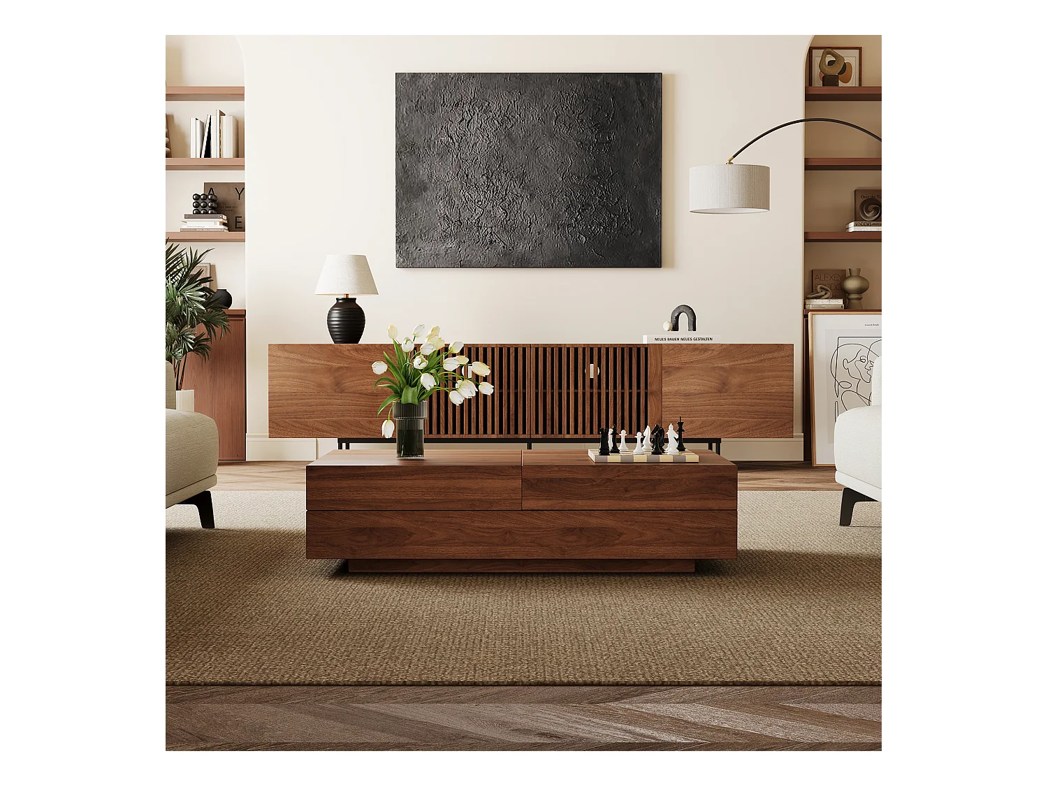 Table Basse Extensible, Design Rectangulaire, 120-208 cm, Rangement Caché, Moderne et Pratique, Noyer