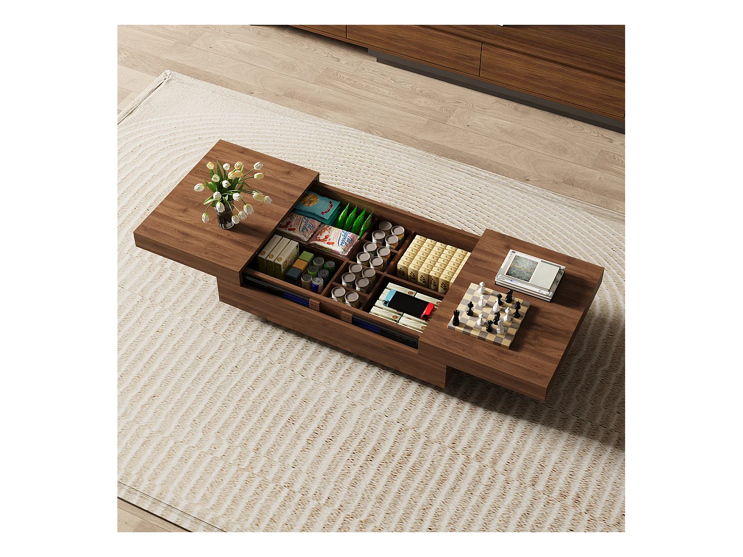 Table Basse Extensible, Design Rectangulaire, 120-208 cm, Rangement Caché, Moderne et Pratique, Noyer