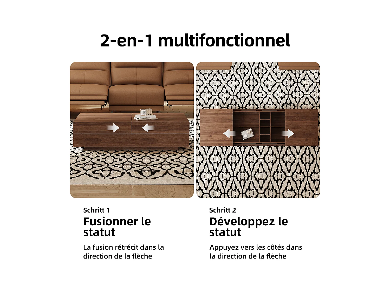 Table Basse Extensible, Design Rectangulaire, 120-208 cm, Rangement Caché, Moderne et Pratique, Noyer