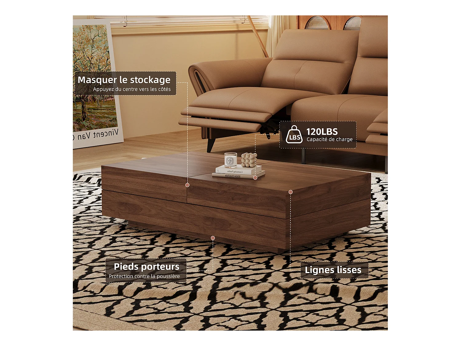 Table Basse Extensible, Design Rectangulaire, 120-208 cm, Rangement Caché, Moderne et Pratique, Noyer