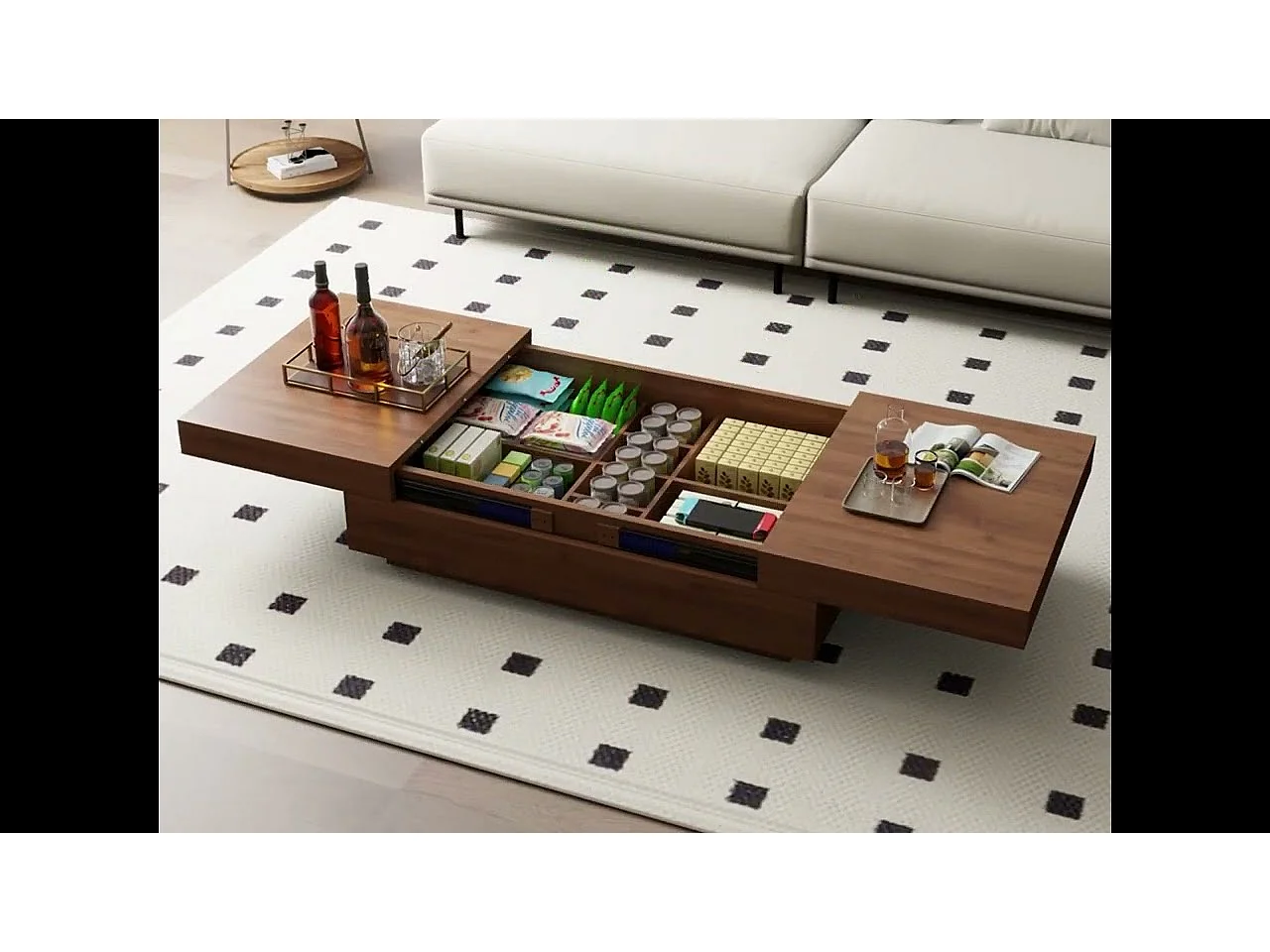 Table Basse Extensible, Design Rectangulaire, 120-208 cm, Rangement Caché, Moderne et Pratique, Noyer