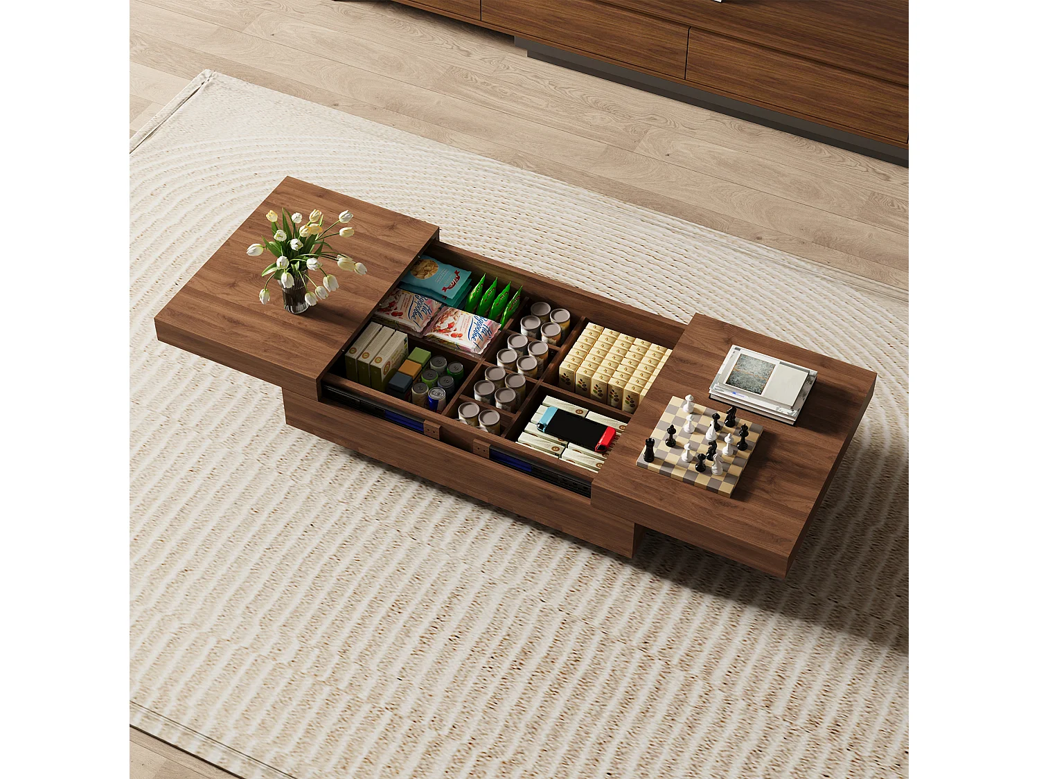 Table Basse Extensible, Design Rectangulaire, 120-208 cm, Rangement Caché, Moderne et Pratique, Noyer