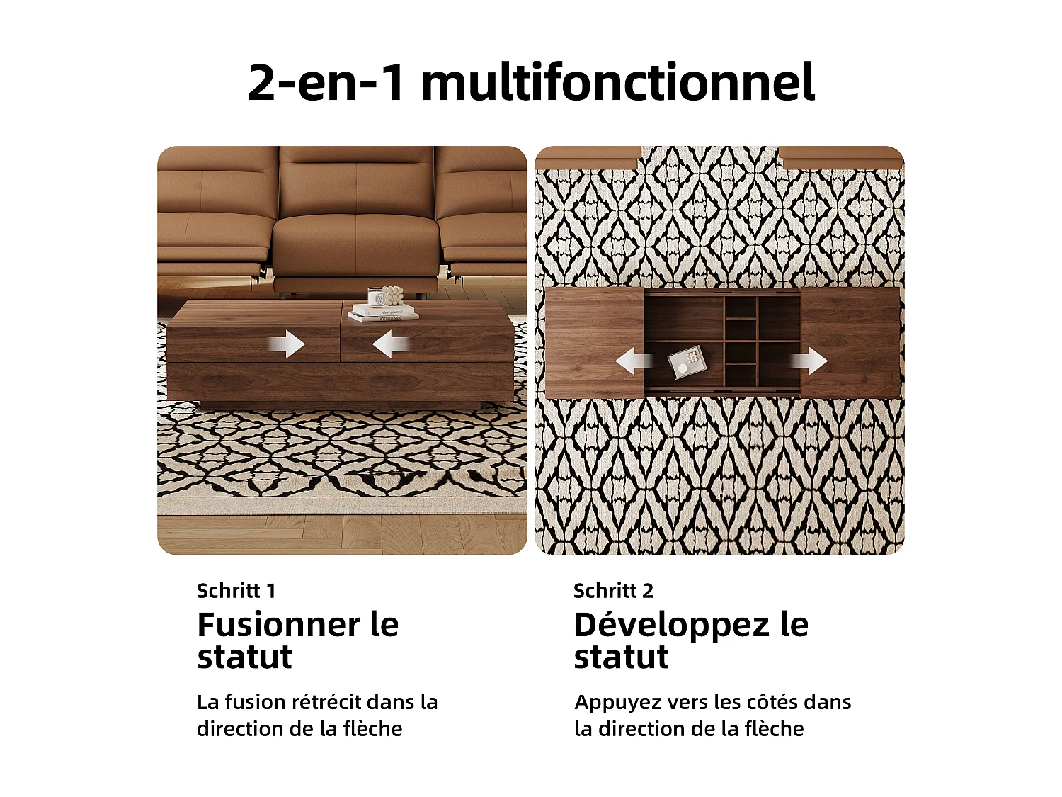 Table Basse Extensible, Design Rectangulaire, 120-208 cm, Rangement Caché, Moderne et Pratique, Noyer