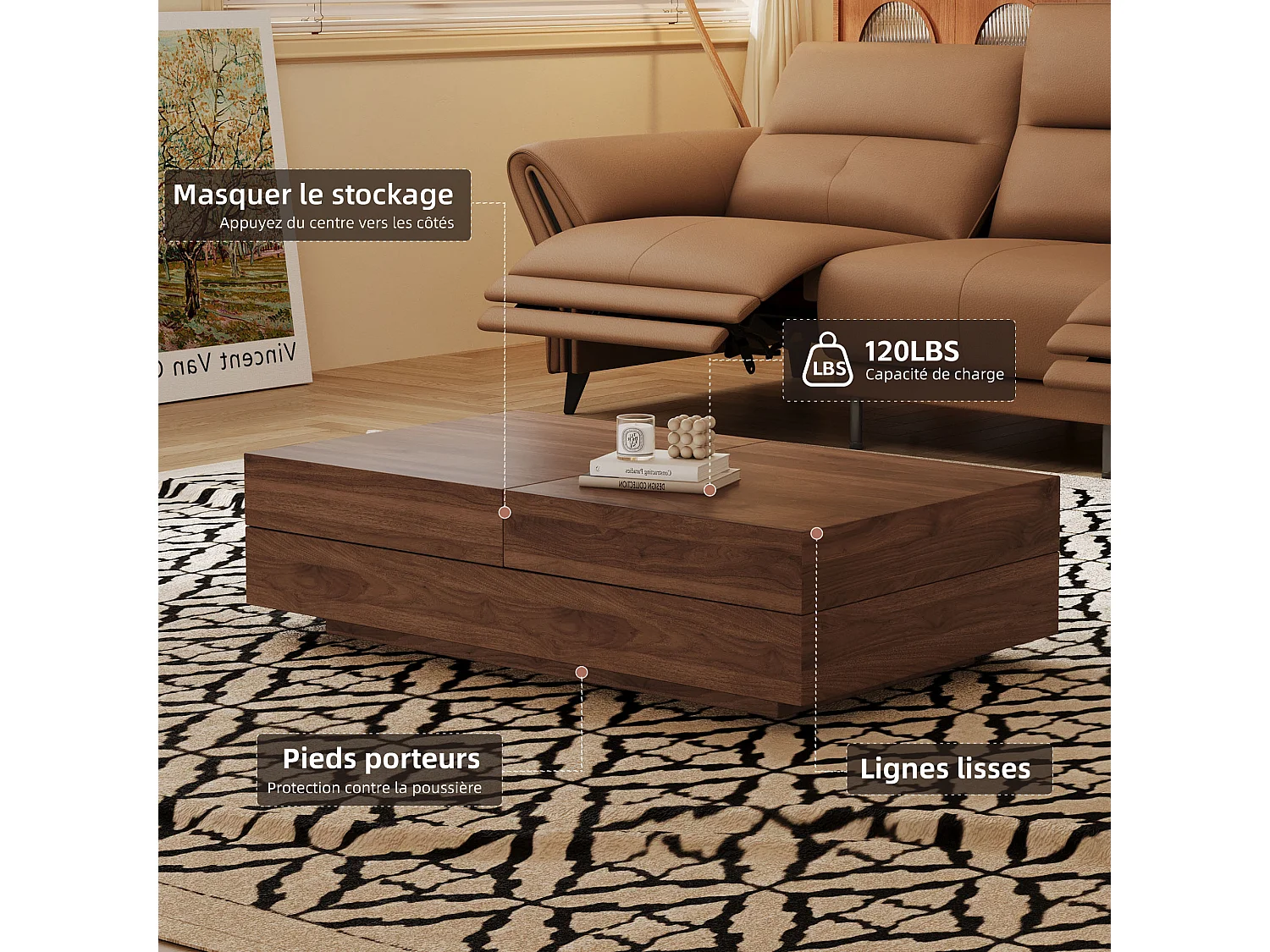 Table Basse Extensible, Design Rectangulaire, 120-208 cm, Rangement Caché, Moderne et Pratique, Noyer