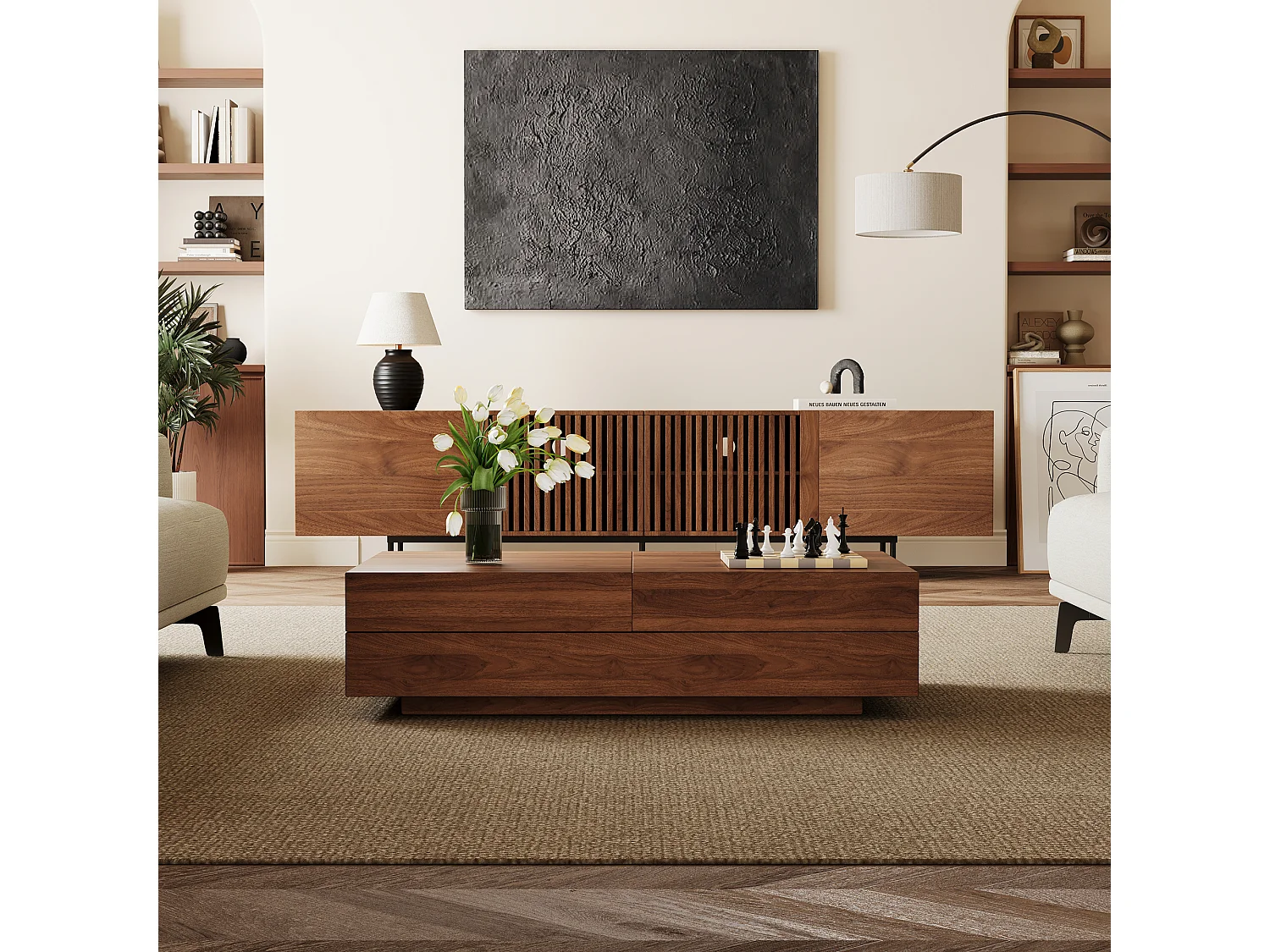 Table Basse Extensible, Design Rectangulaire, 120-208 cm, Rangement Caché, Moderne et Pratique, Noyer