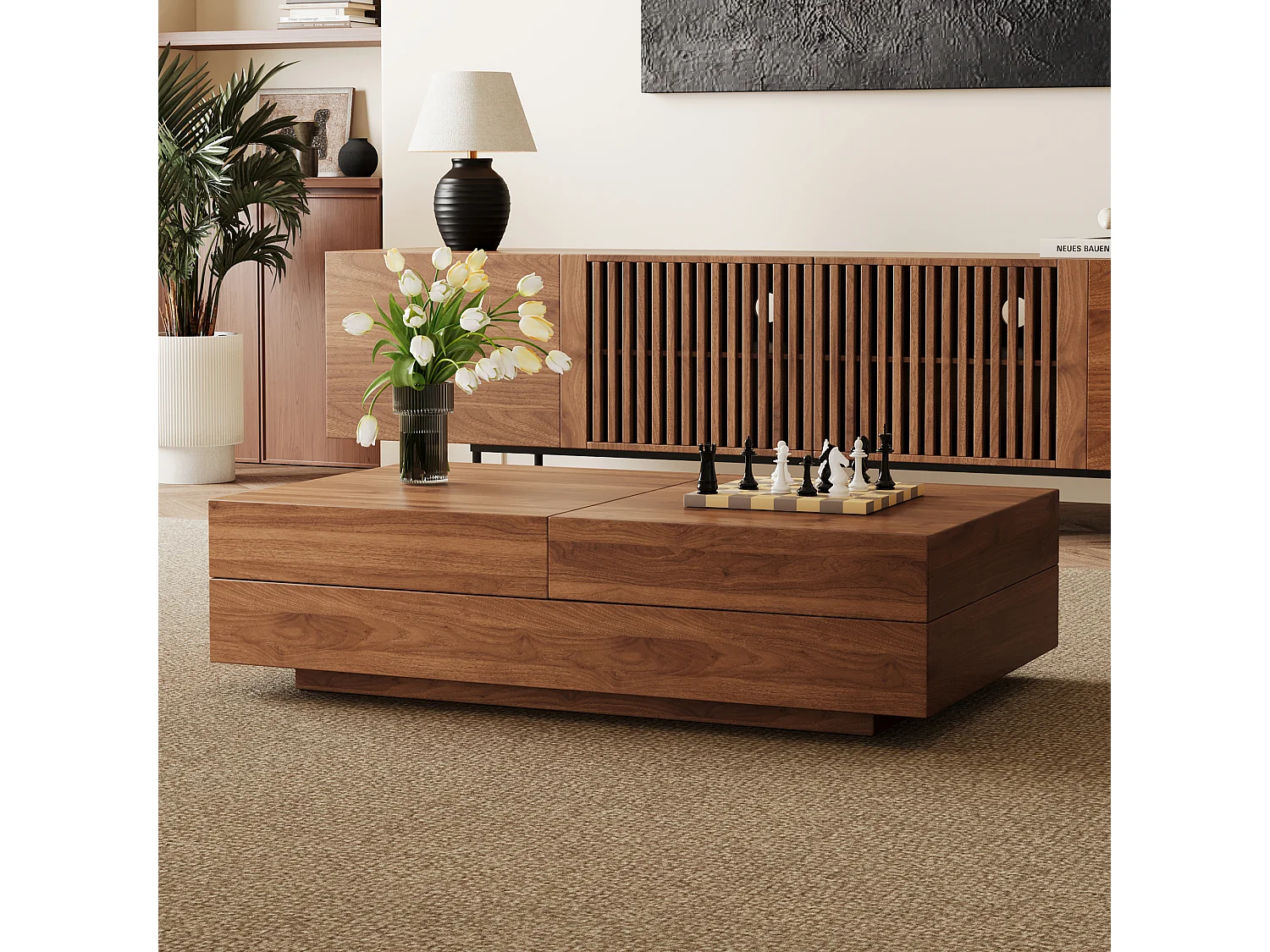 Table Basse Extensible, Design Rectangulaire, 120-208 cm, Rangement Caché, Moderne et Pratique, Noyer