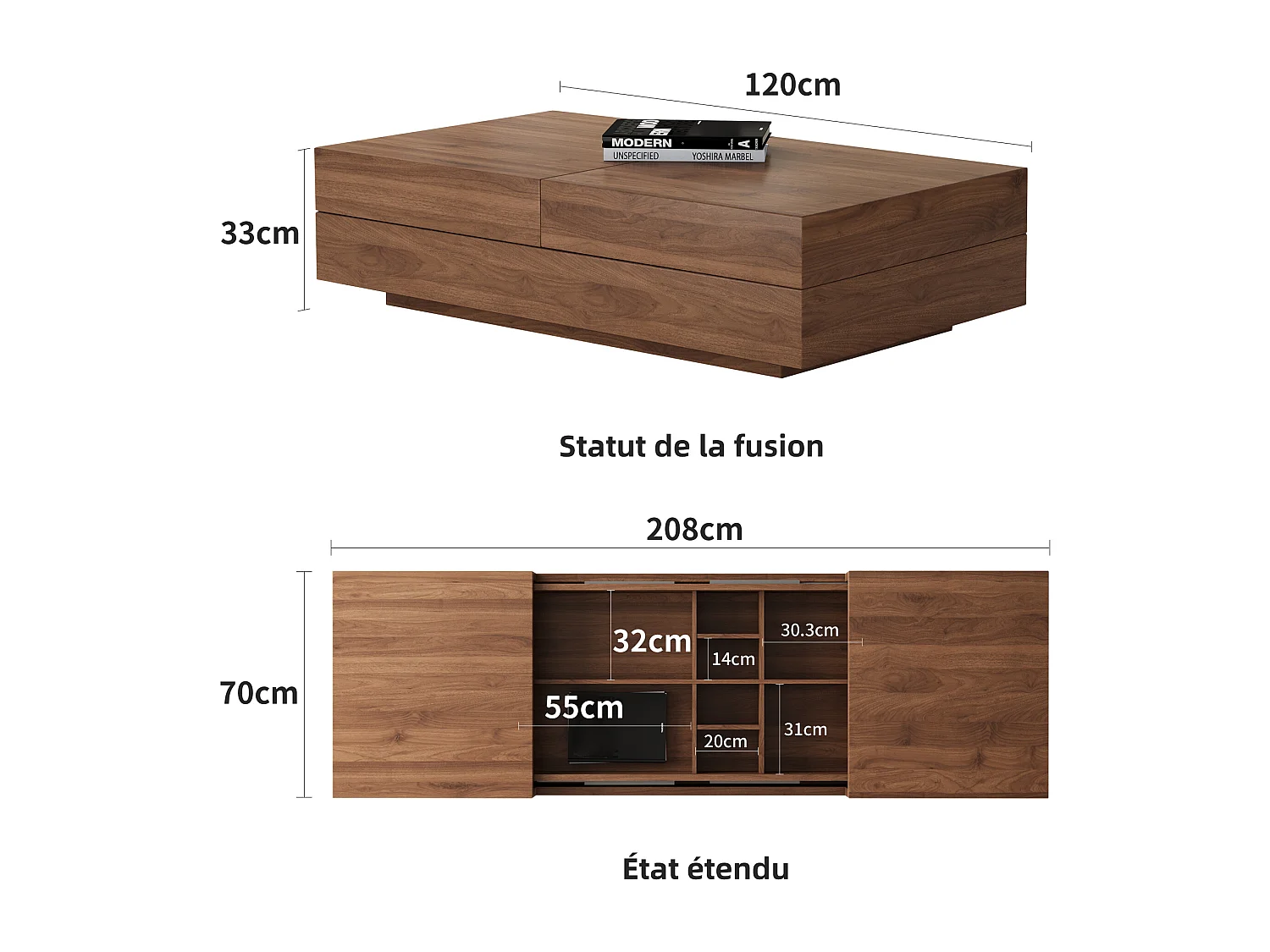 Table Basse Extensible, Design Rectangulaire, 120-208 cm, Rangement Caché, Moderne et Pratique, Noyer