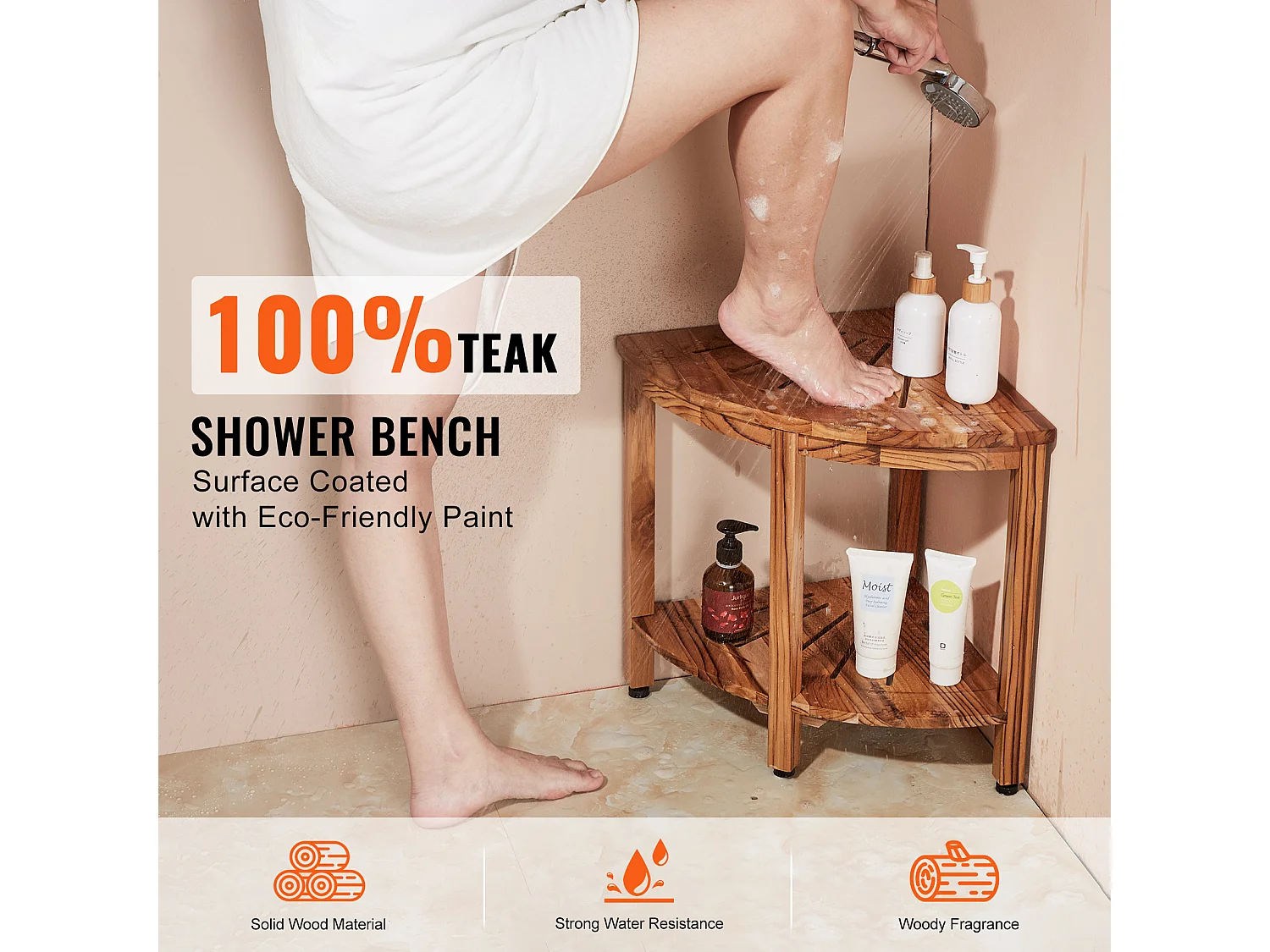 Eckduschbank SucceBuy aus Teakholz, 47 cm H × 39,2 cm R, Teakholz für Innendusche Badezimmer