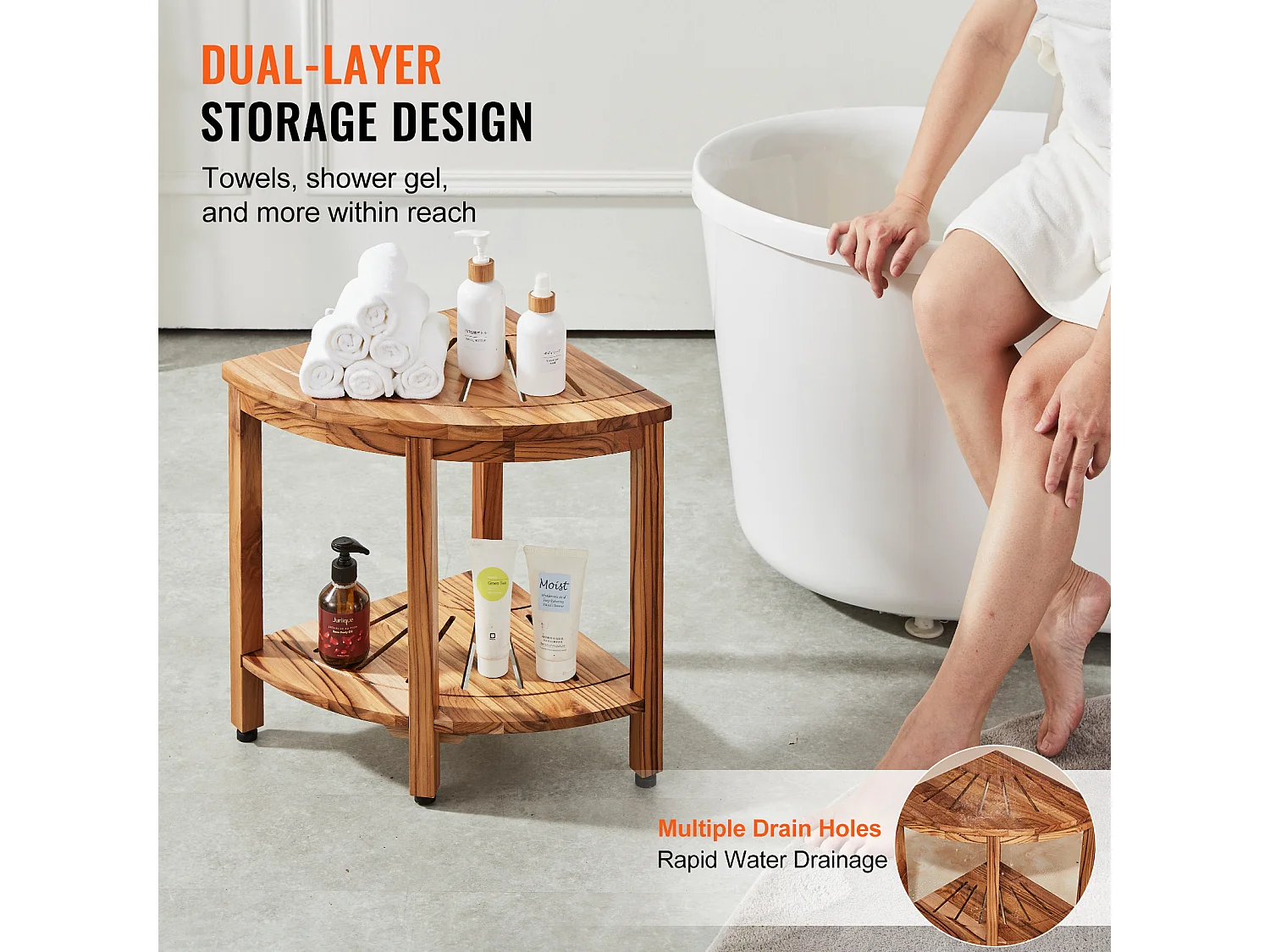 Eckduschbank SucceBuy aus Teakholz, 47 cm H × 39,2 cm R, Teakholz für Innendusche Badezimmer