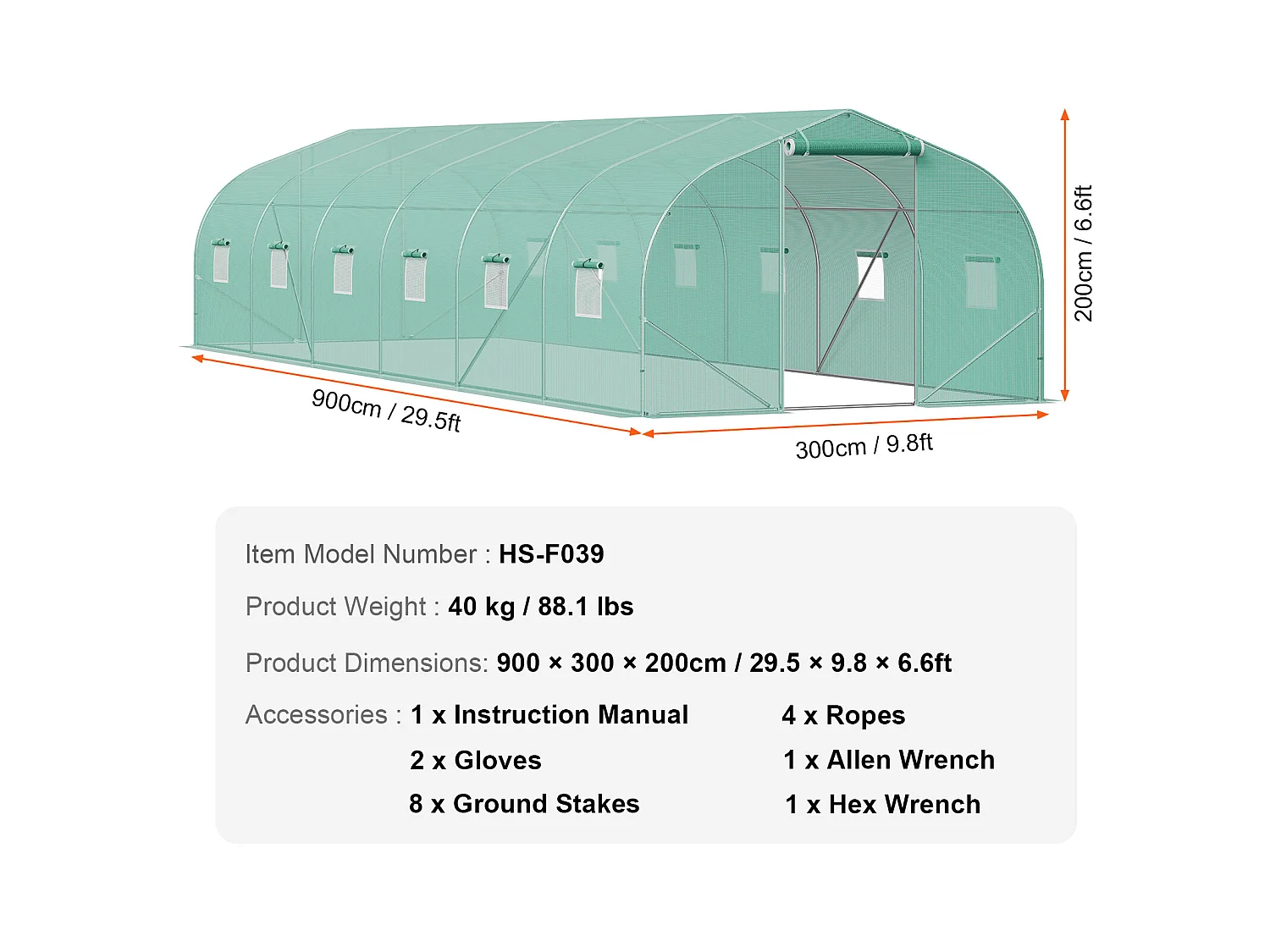 Serre Tunnel SucceBuy, Serre Tunnel de 900x300x200 cm, Cadre Galvanisé, avec Cadre en Acier Galvanisé, Couverture en PE, Vert
