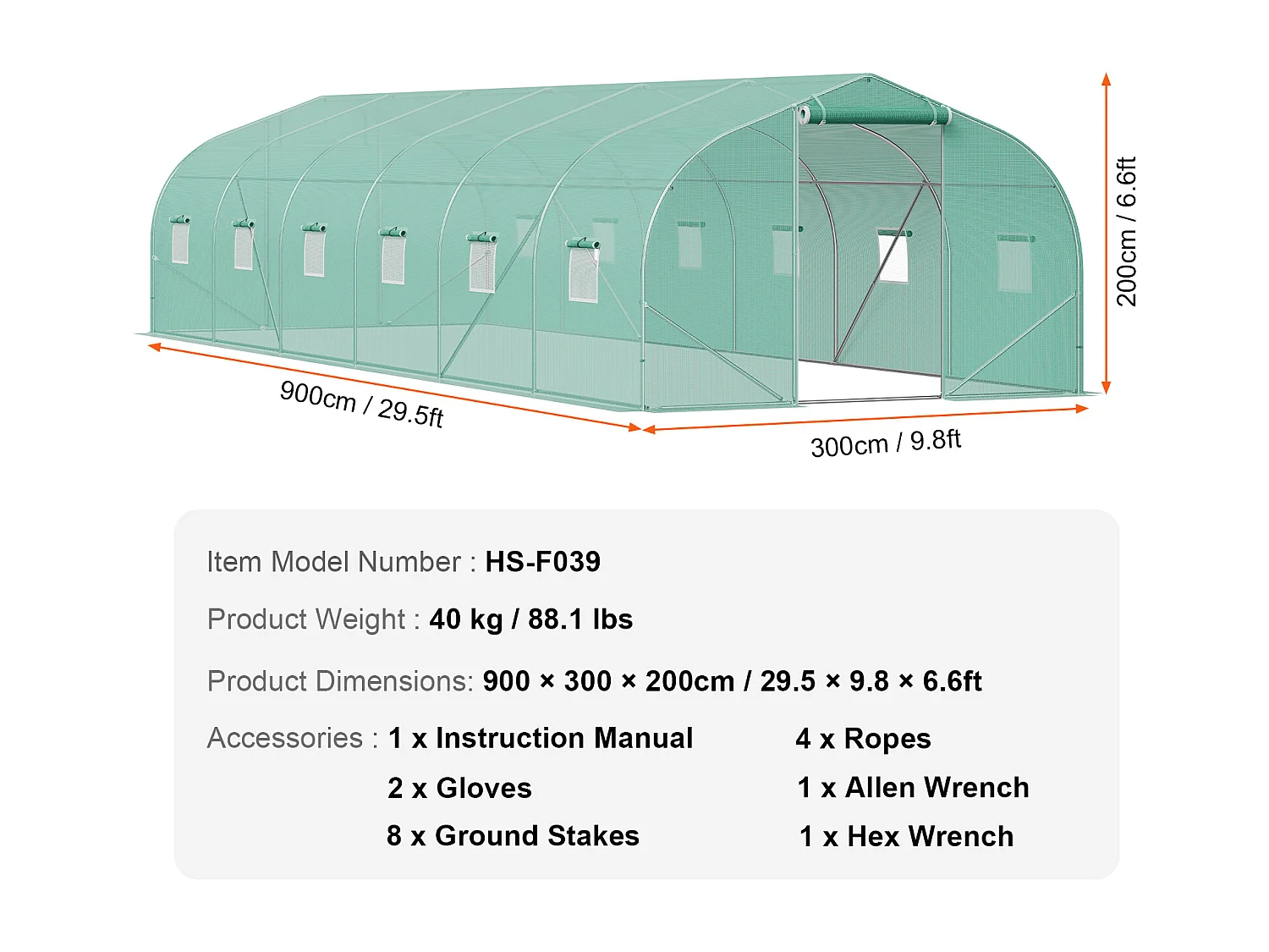Serre Tunnel SucceBuy, Serre Tunnel de 900x300x200 cm, Cadre Galvanisé, avec Cadre en Acier Galvanisé, Couverture en PE, Vert