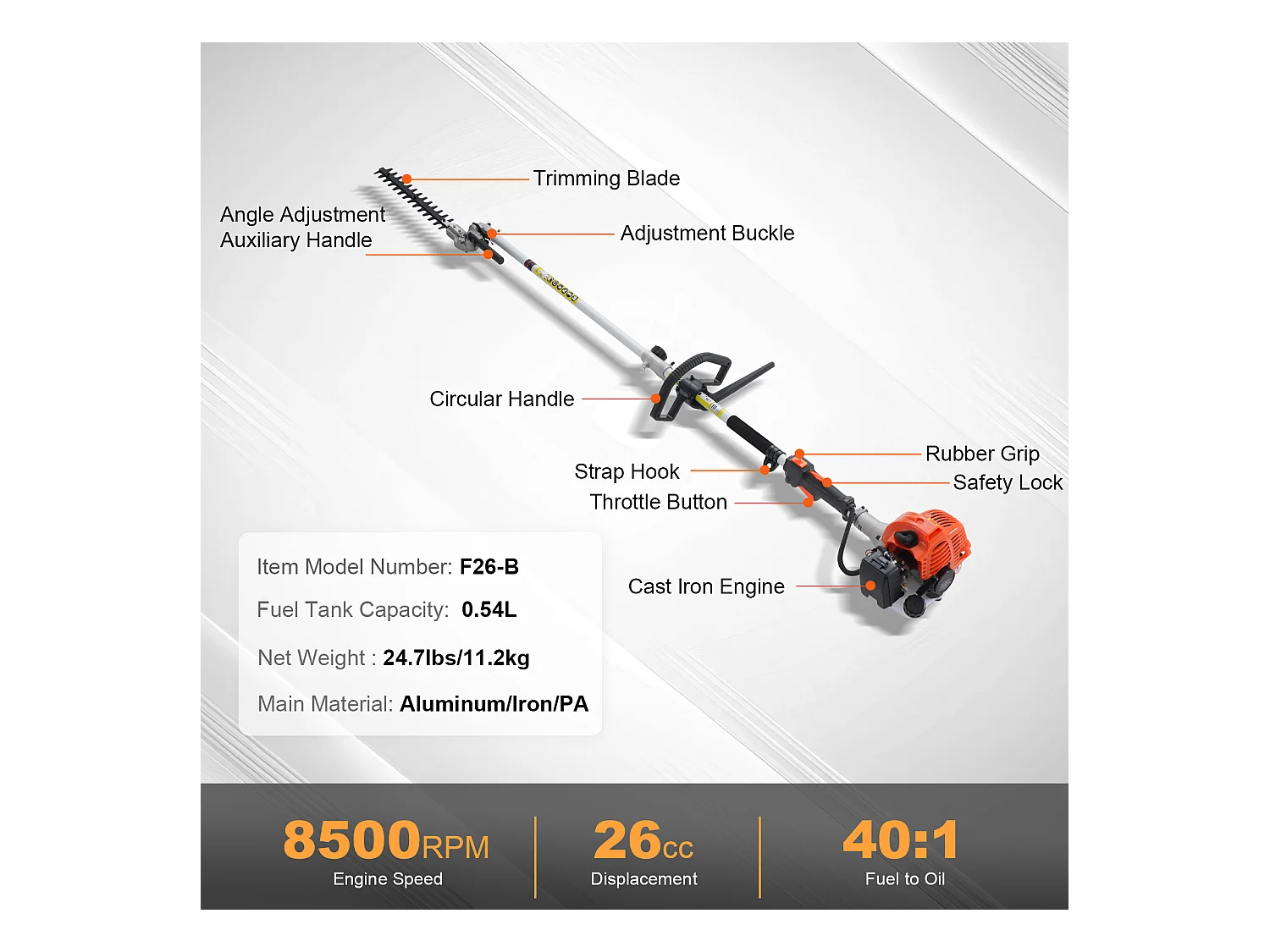 Taille-Haie SucceBuy, Taille-Haie à Perche à Gaz 26 CC, Alimenté par 2 Temps, Tête de Coupe Réglable, pour Tailler les Arbustes et les Branches