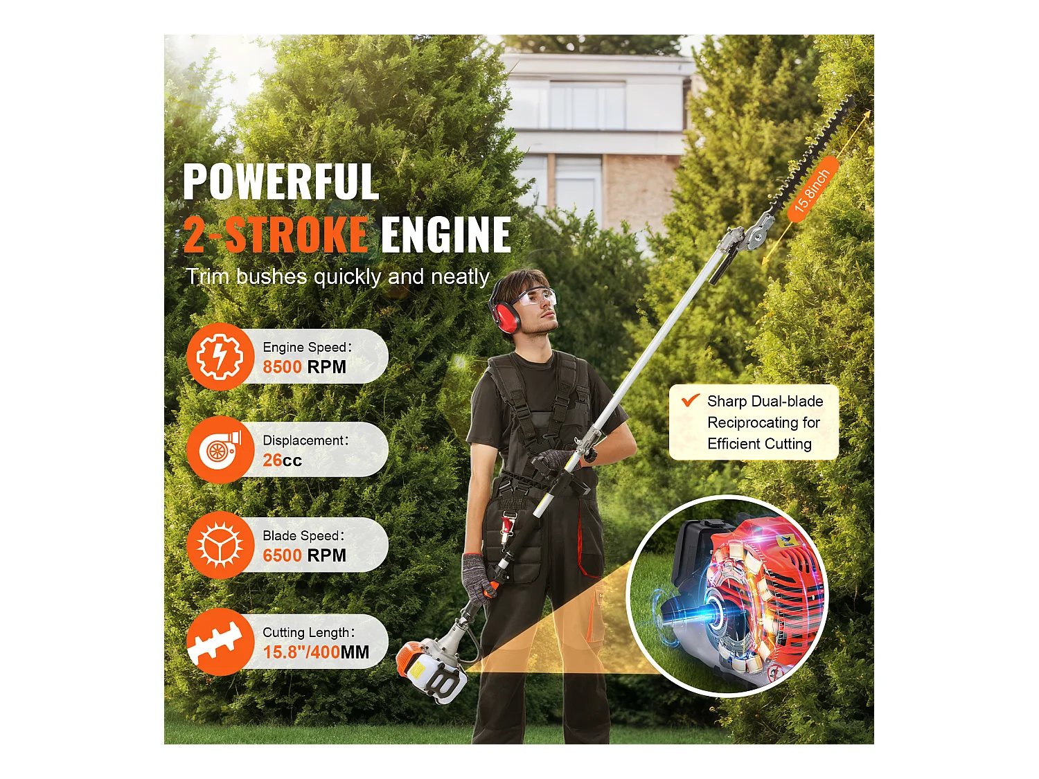 Taille-Haie SucceBuy, Taille-Haie à Perche à Gaz 26 CC, Alimenté par 2 Temps, Tête de Coupe Réglable, pour Tailler les Arbustes et les Branches