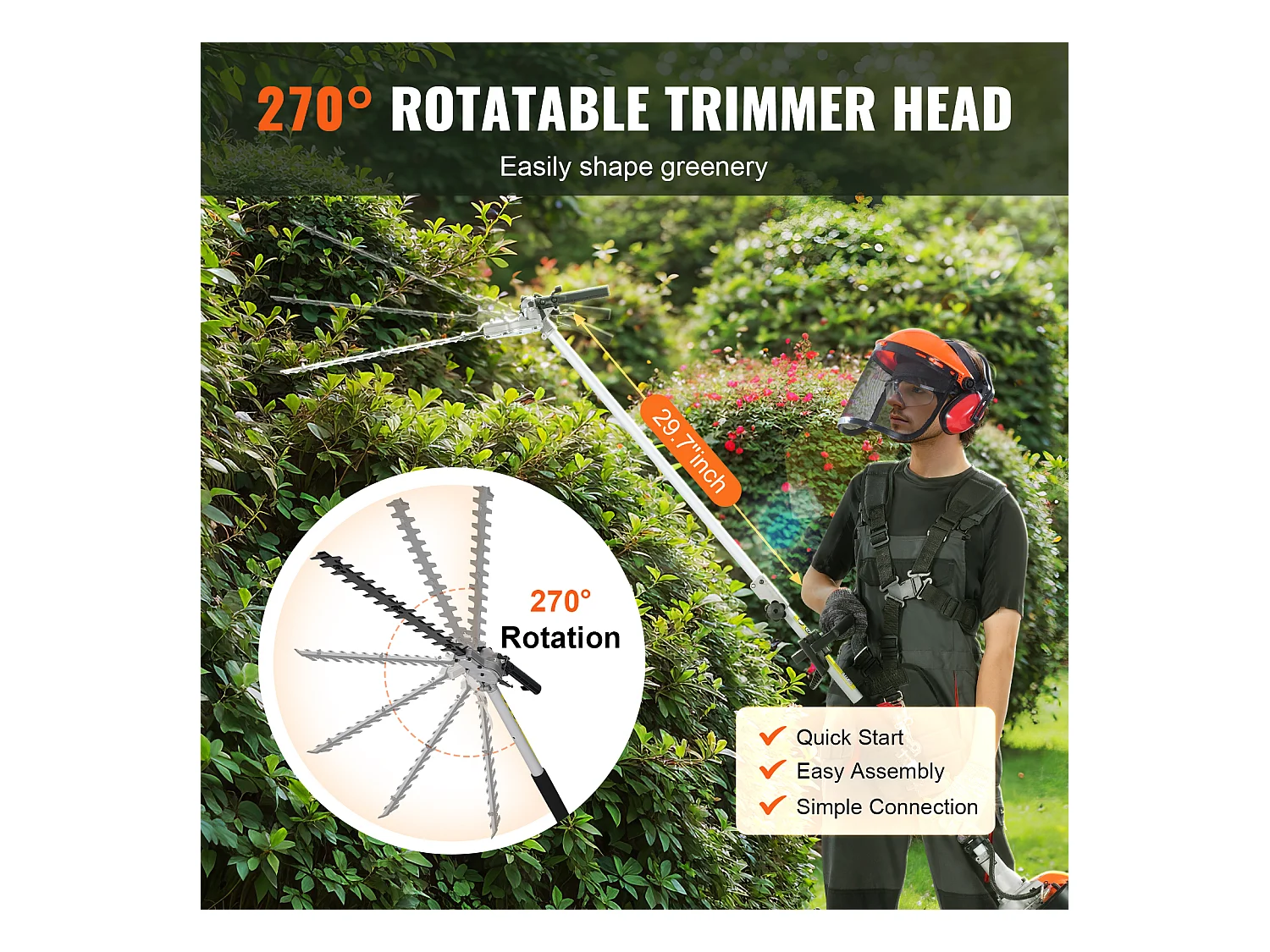 Taille-Haie SucceBuy, Taille-Haie à Perche à Gaz 26 CC, Alimenté par 2 Temps, Tête de Coupe Réglable, pour Tailler les Arbustes et les Branches