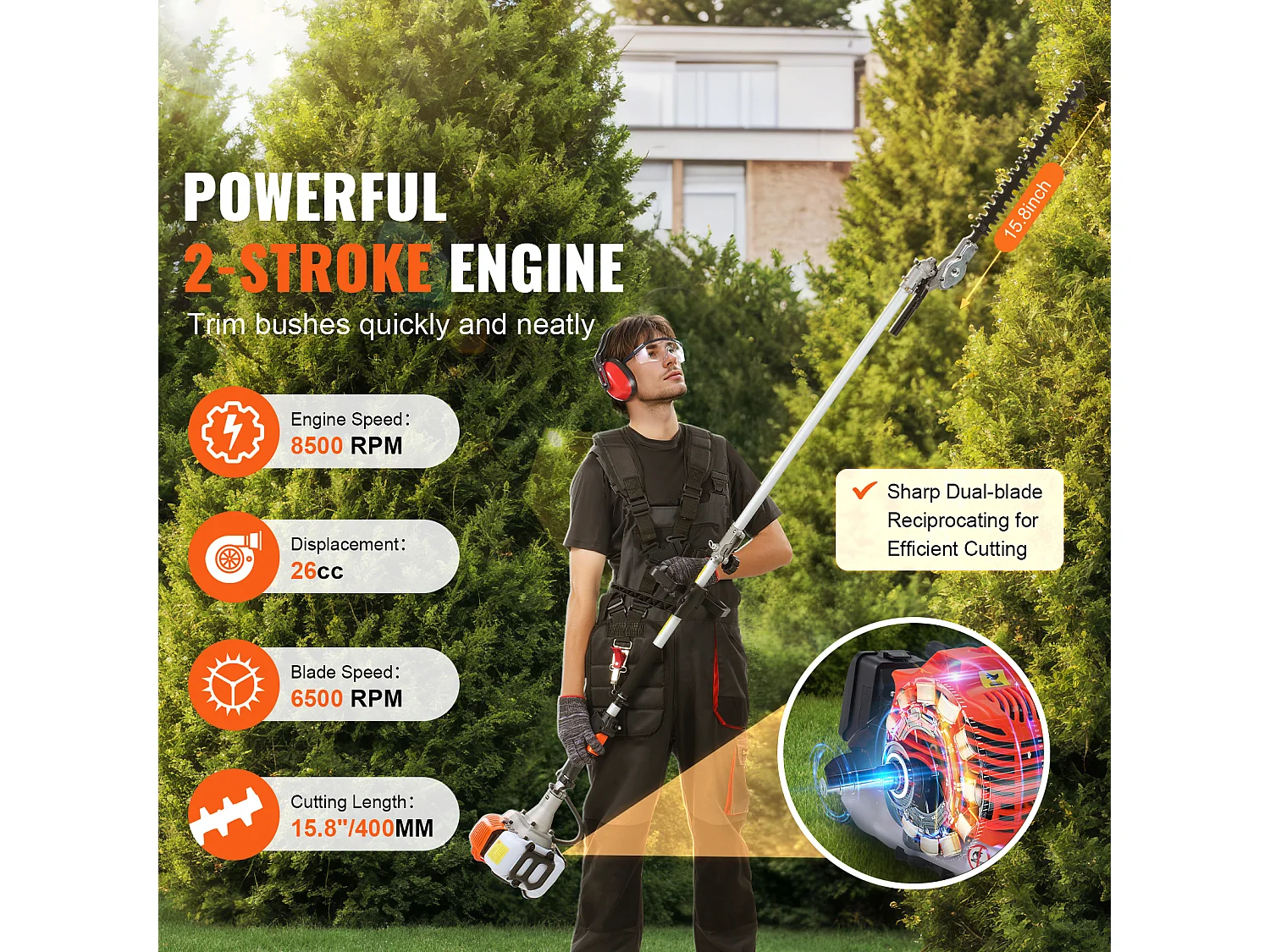 Taille-Haie SucceBuy, Taille-Haie à Perche à Gaz 26 CC, Alimenté par 2 Temps, Tête de Coupe Réglable, pour Tailler les Arbustes et les Branches