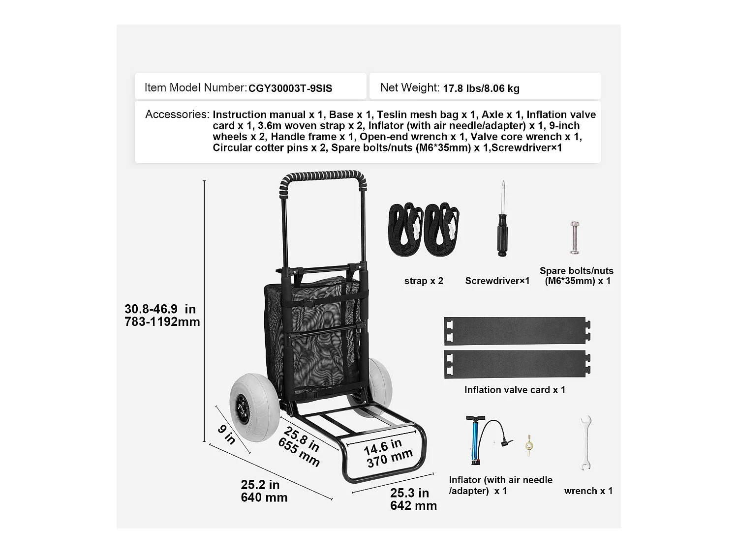Carro de Playa SucceBuy, con Grandes Ruedas: 228,6 mm Ruedas de Ballón para la Playa y el Jardinería