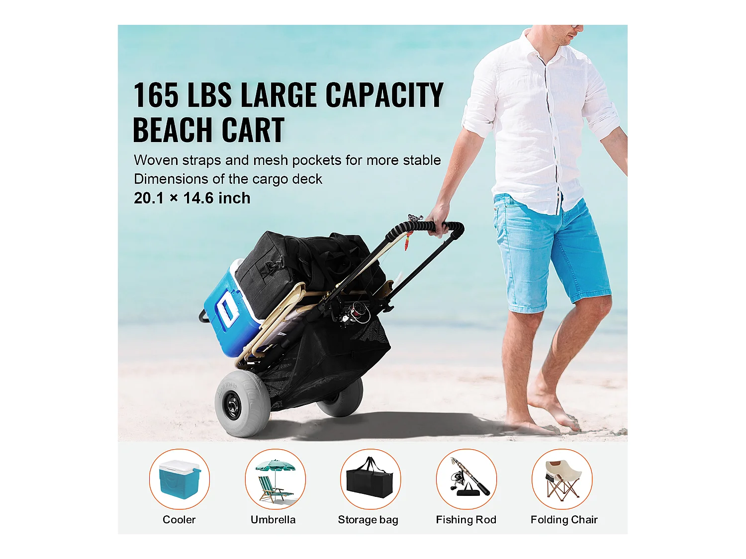 Carro de Playa SucceBuy, con Grandes Ruedas: 228,6 mm Ruedas de Ballón para la Playa y el Jardinería