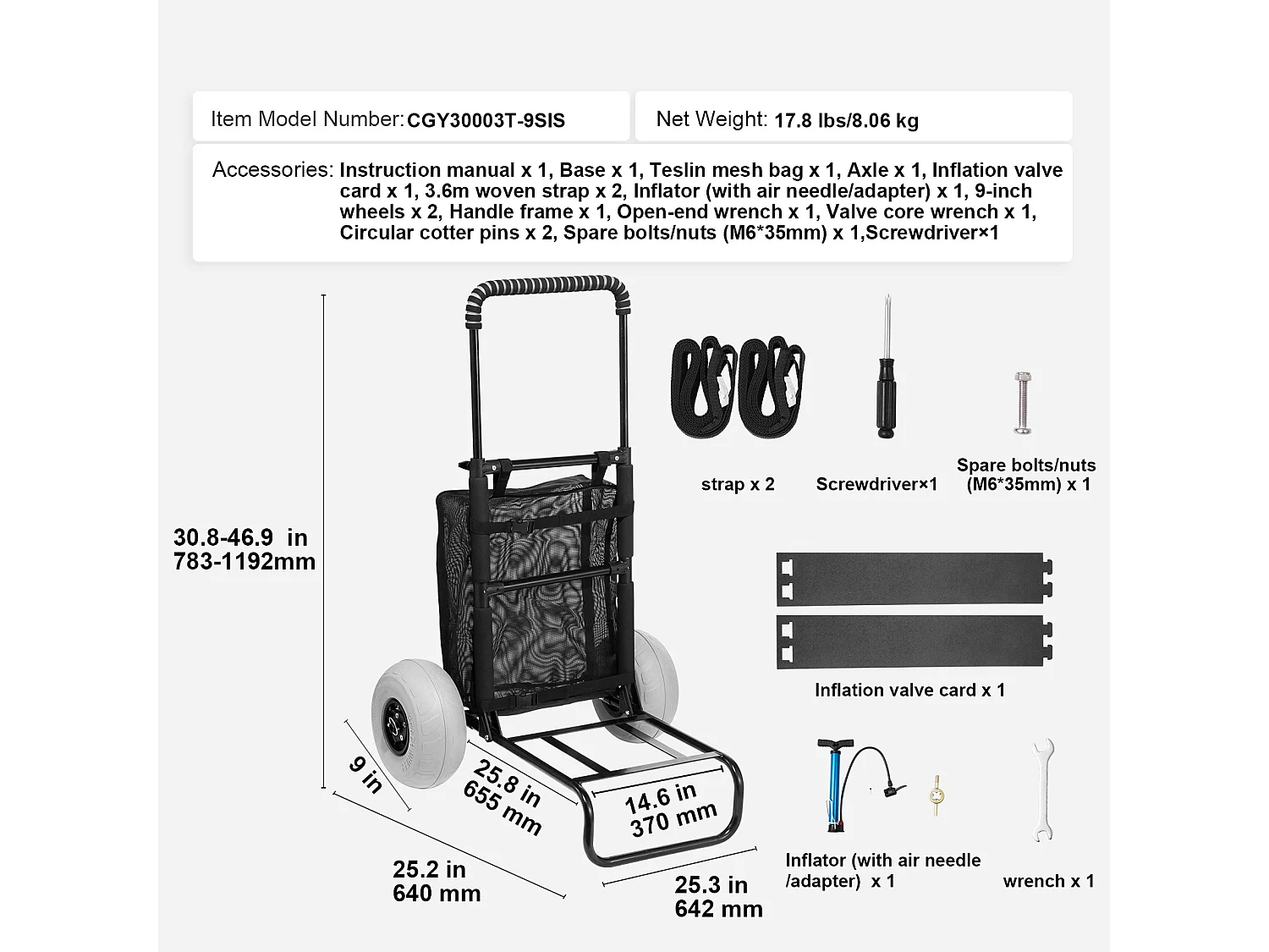 Chariot de Plage SucceBuy, avec de Grosses Roues - 228,6 mm Roues Ballons pour la Plage et le Jardinage