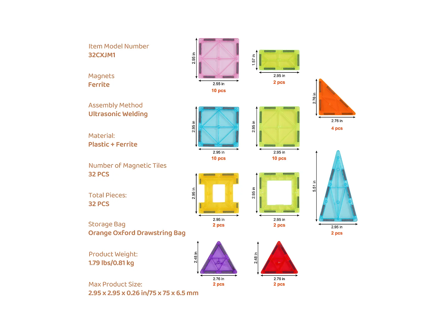 Blocs de Construction Magnétiques SucceBuy 32 PCS, Jouets Éducatifs à Empiler pour Enfants, Jouet 3D, avec Sac de Rangement