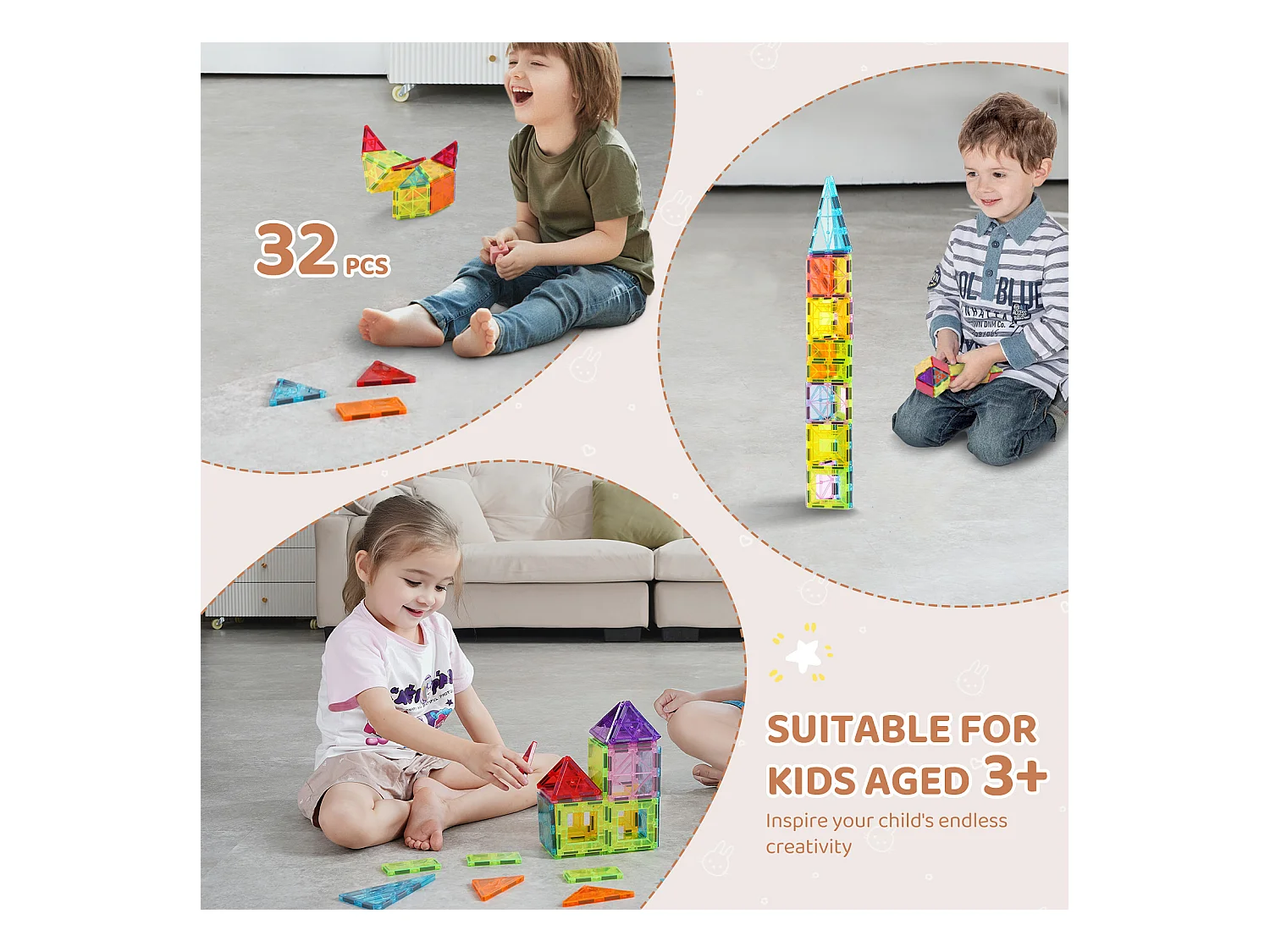Blocs de Construction Magnétiques SucceBuy 32 PCS, Jouets Éducatifs à Empiler pour Enfants, Jouet 3D, avec Sac de Rangement