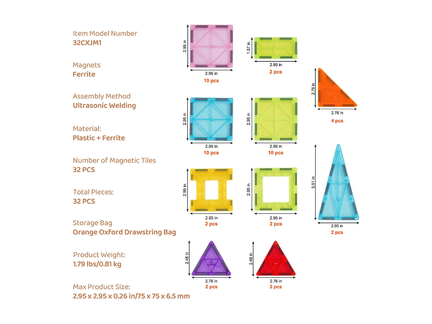 Blocs de Construction Magnétiques SucceBuy 32 PCS, Jouets Éducatifs à Empiler pour Enfants, Jouet 3D, avec Sac de Rangement