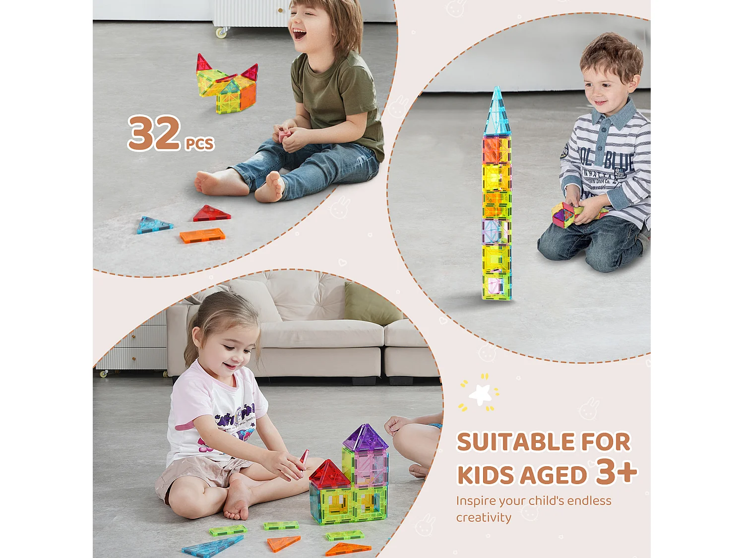 Blocs de Construction Magnétiques SucceBuy 32 PCS, Jouets Éducatifs à Empiler pour Enfants, Jouet 3D, avec Sac de Rangement