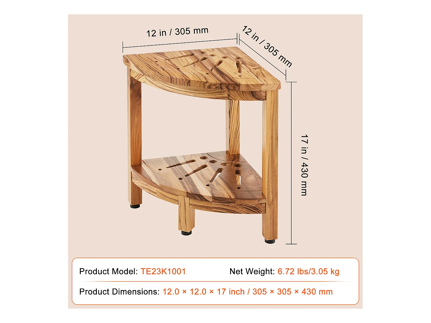 Banc de Douche d'Angle SucceBuy en Teck, 43 cm H × 30,5 cm R, Bois de Teck pour Douche Intérieure Salle de Bain