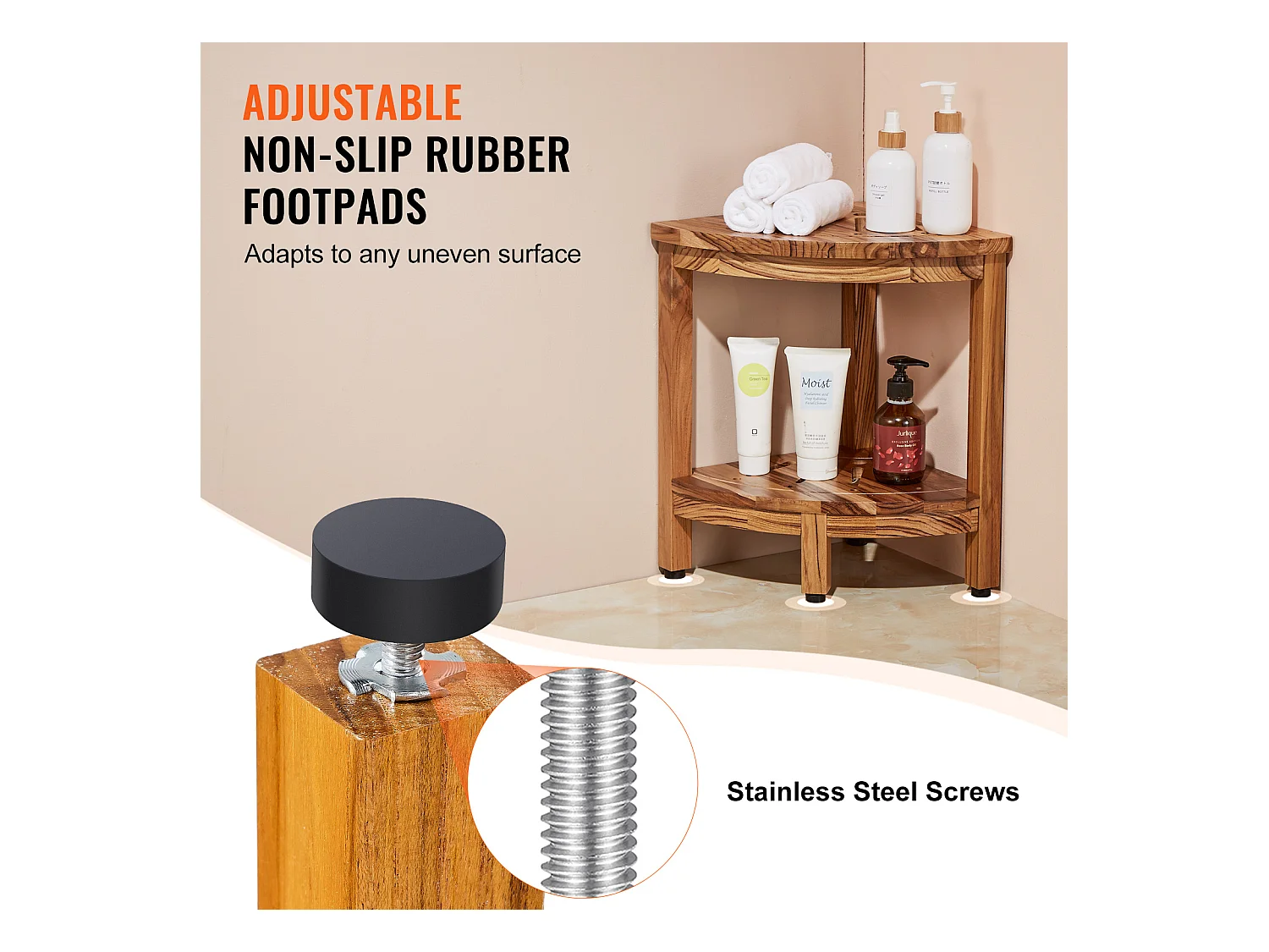 Banc de Douche d'Angle SucceBuy en Teck, 43 cm H × 30,5 cm R, Bois de Teck pour Douche Intérieure Salle de Bain