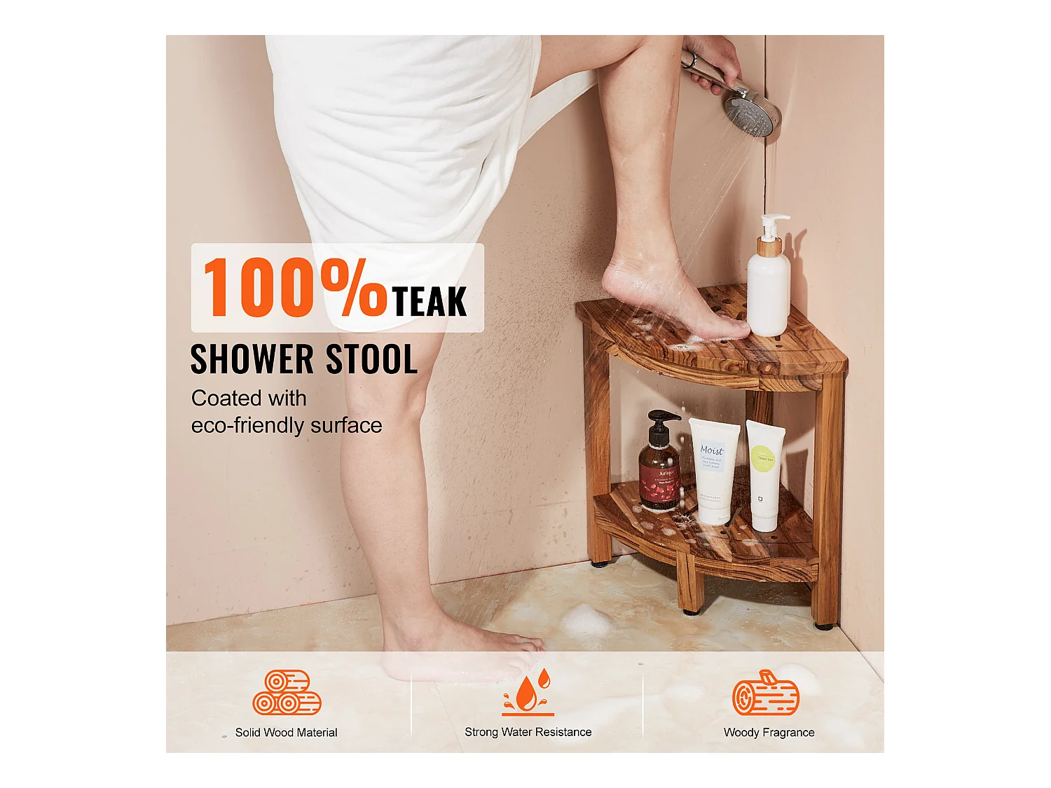 Hoekdouchebank SucceBuy van Teakhout, 43 cm H × 30,5 cm R, Teakhout voor Binnen Douche Badkamer