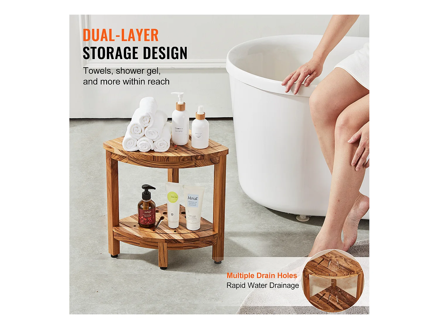 Hoekdouchebank SucceBuy van Teakhout, 43 cm H × 30,5 cm R, Teakhout voor Binnen Douche Badkamer