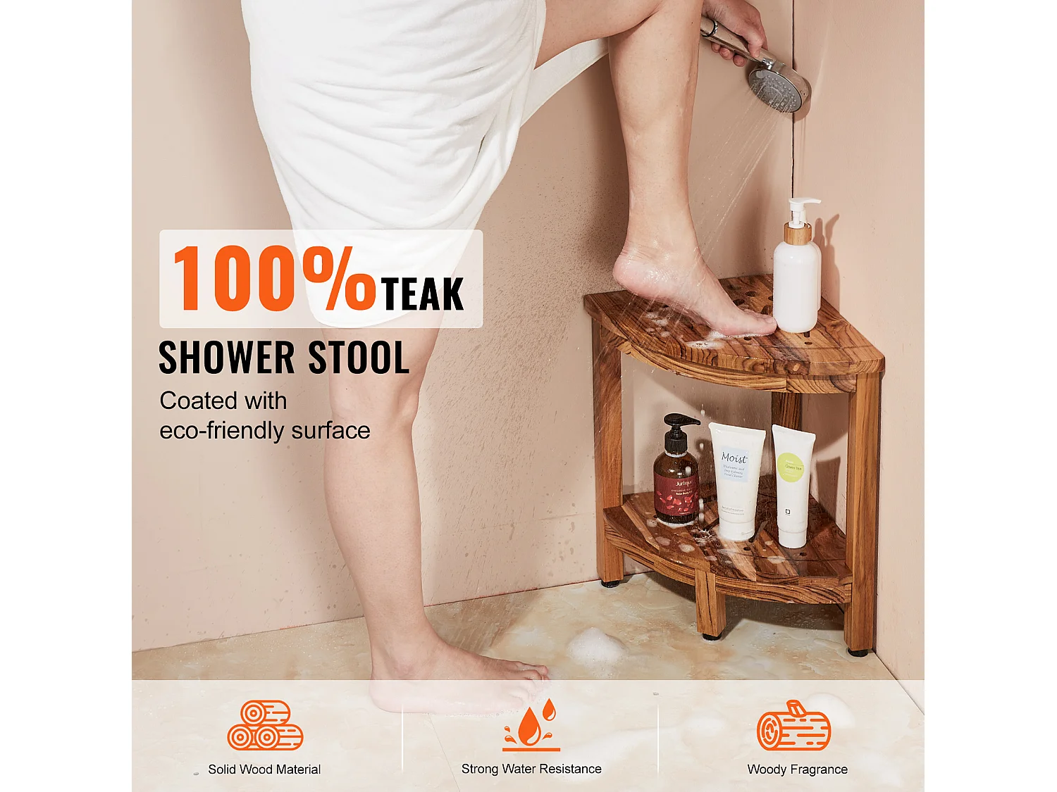 Panca Angolare per Doccia SucceBuy in Teak, 43 cm H × 30,5 cm R, Legno di Teak per Doccia Interna Bagno