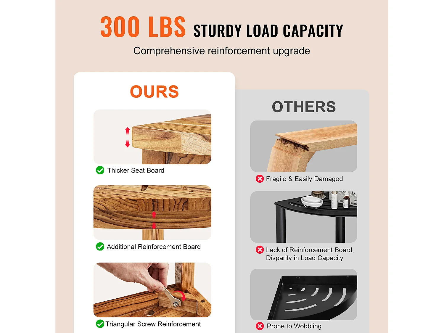 Panca Angolare per Doccia SucceBuy in Teak, 43 cm H × 30,5 cm R, Legno di Teak per Doccia Interna Bagno