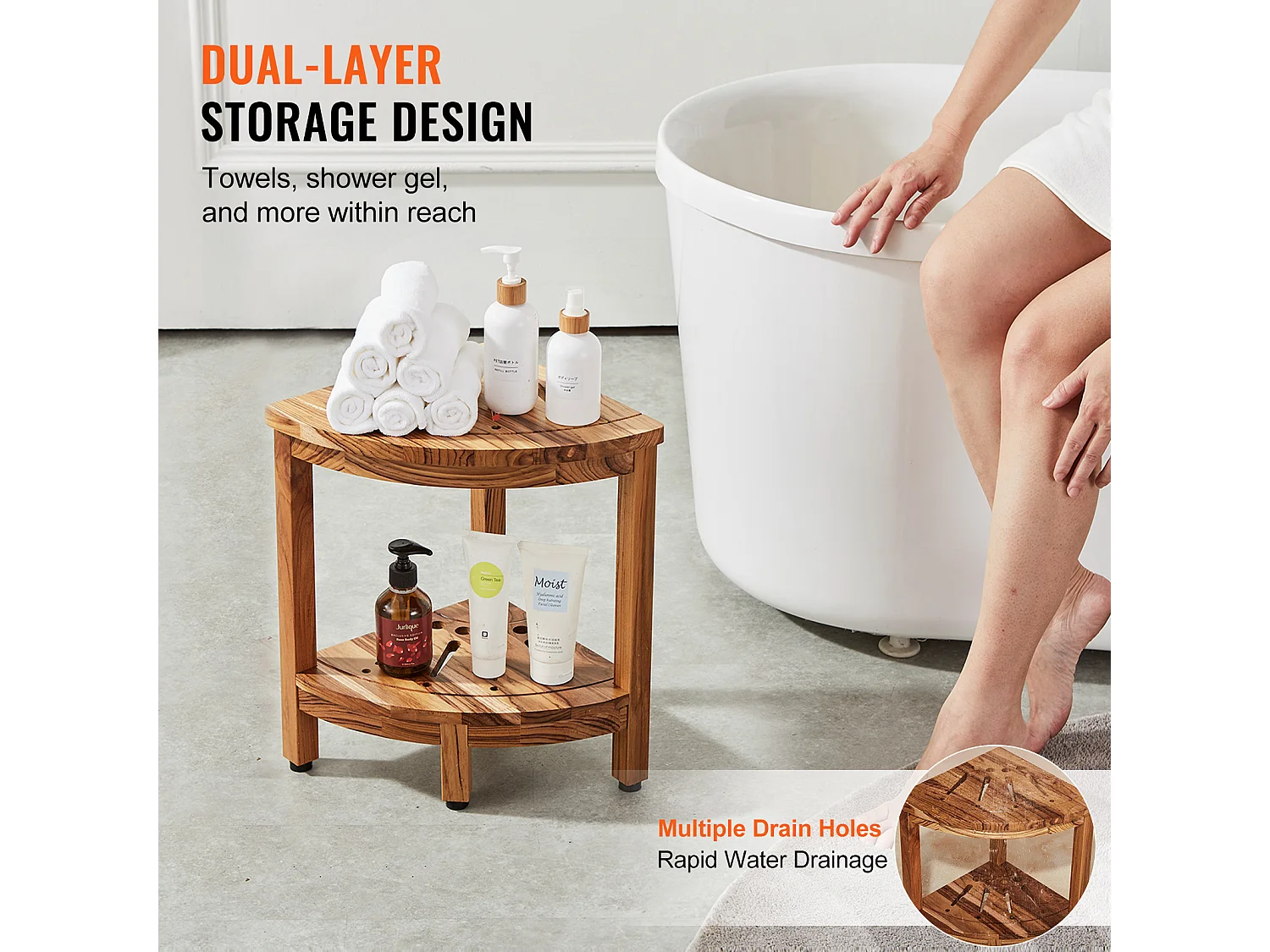 Panca Angolare per Doccia SucceBuy in Teak, 43 cm H × 30,5 cm R, Legno di Teak per Doccia Interna Bagno