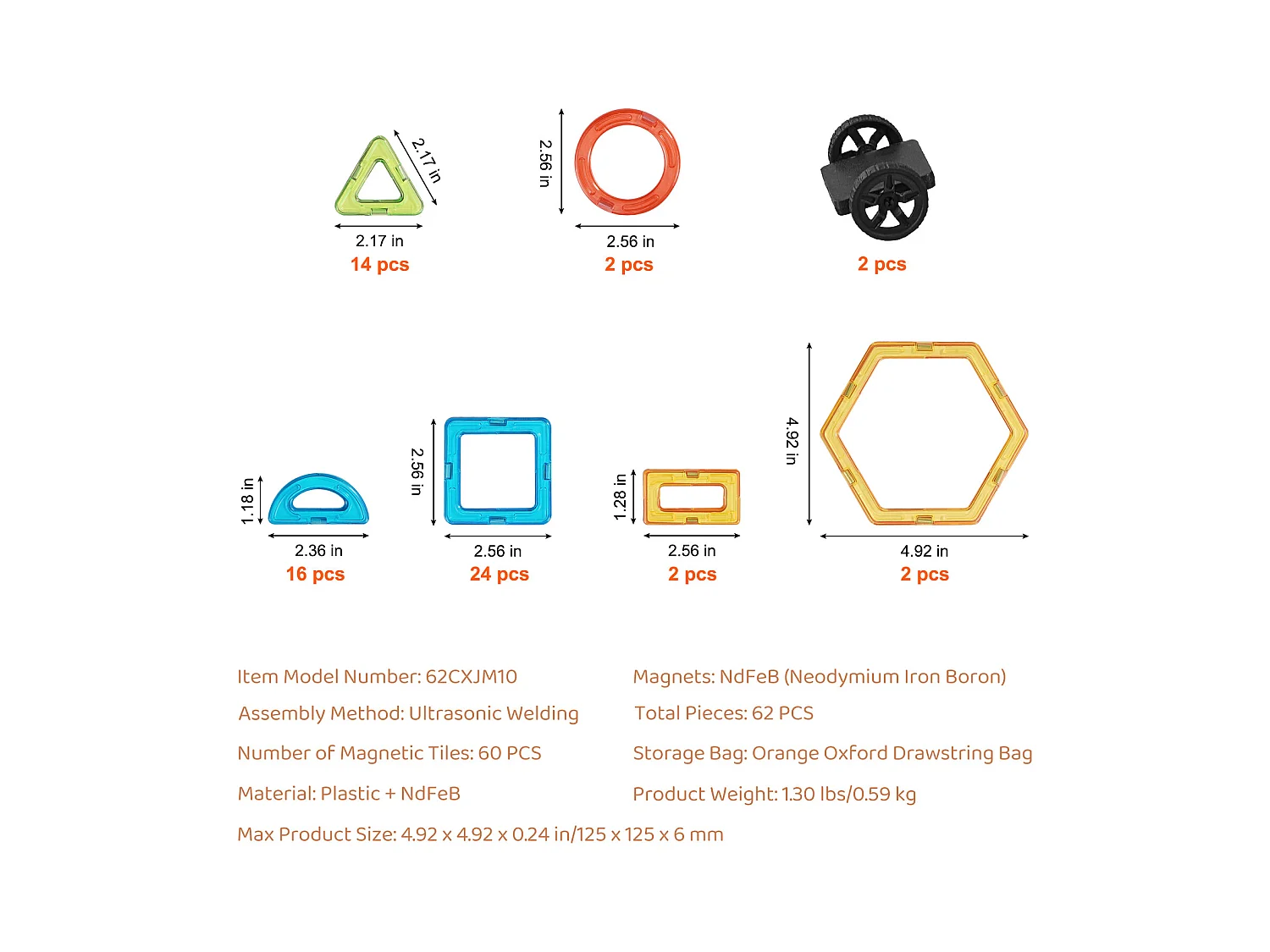Blocs de Construction Magnétiques SucceBuy 62 PCS, Tuiles Éducatives STEM pour Enfants avec Roues, dès 4 Ans, Jouet 3D