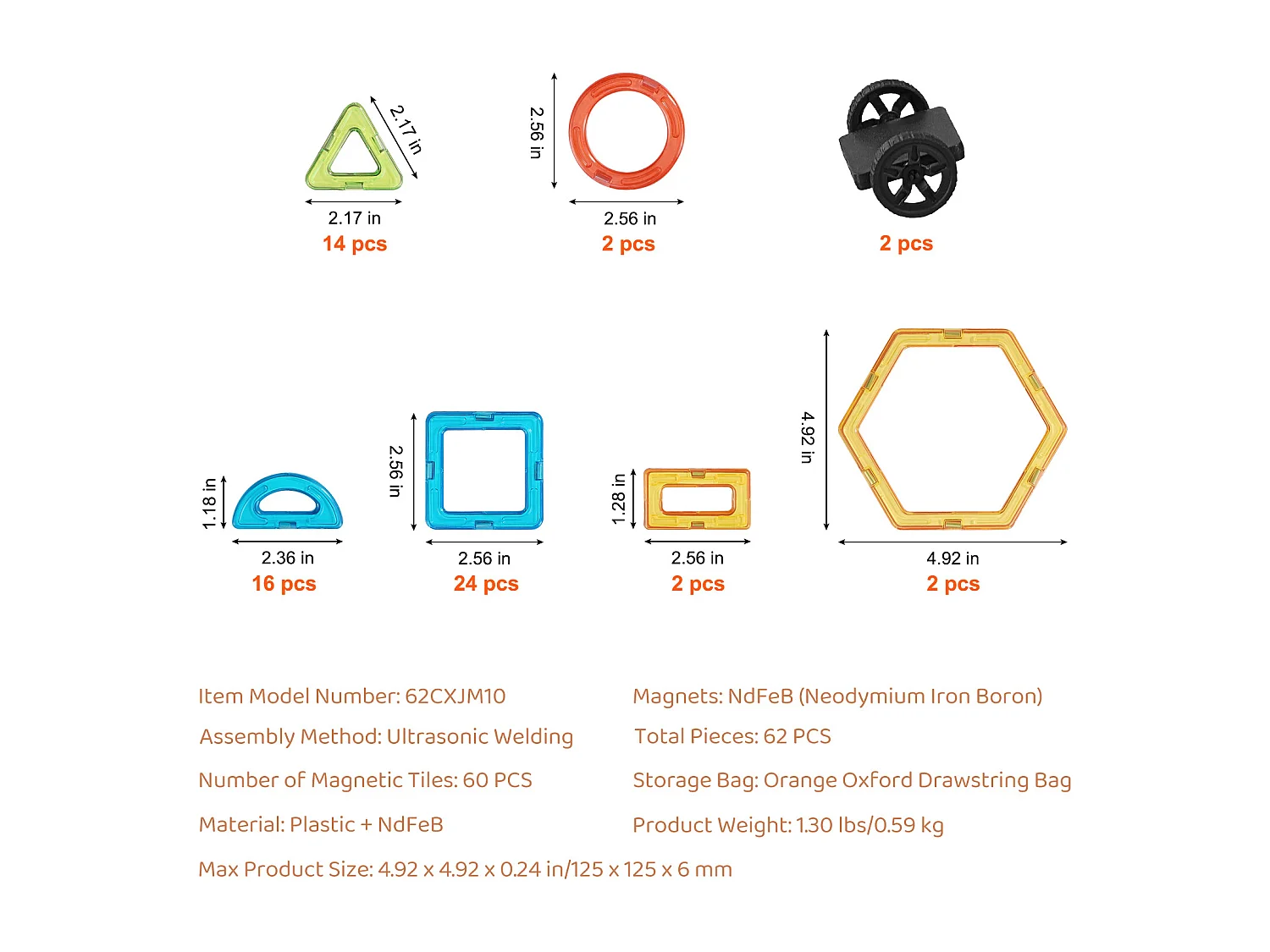 Blocs de Construction Magnétiques SucceBuy 62 PCS, Tuiles Éducatives STEM pour Enfants avec Roues, dès 4 Ans, Jouet 3D