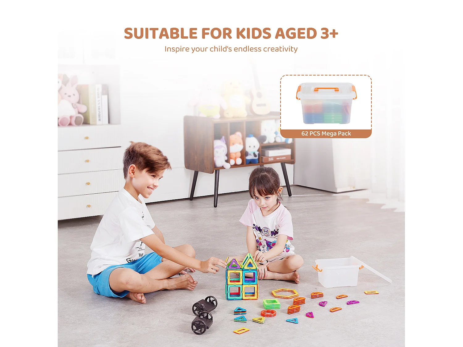 Blocs de Construction Magnétiques SucceBuy 62 PCS, Tuiles Éducatives STEM pour Enfants avec Roues, dès 4 Ans, Jouet 3D
