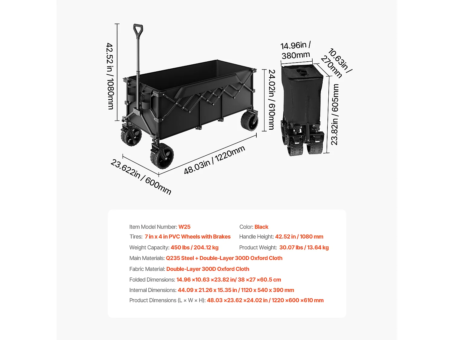 Chariot Pliable SucceBuy Chariot de Jardin Pliable Robuste 300 L 204.11 kg avec Longue Poignée pour l'Extérieur Cadre en Acier Durable