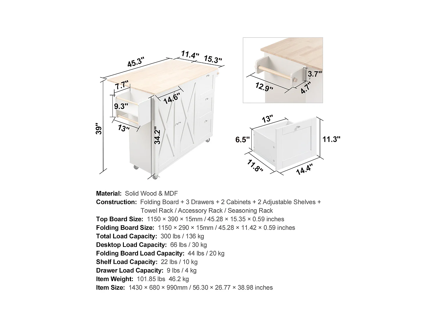 Ilot Central de Cuisine, SucceBuy Armoire de Rangement Roulante avec Chariot d'Îlot de Cuisine de 115 cm avec Tiroir et Support