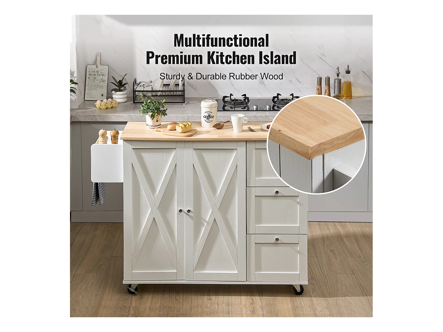 Ilot Central de Cuisine, SucceBuy Armoire de Rangement Roulante avec Chariot d'Îlot de Cuisine de 115 cm avec Tiroir et Support