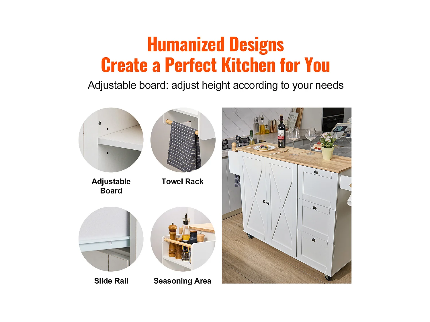 Ilot Central de Cuisine, SucceBuy Armoire de Rangement Roulante avec Chariot d'Îlot de Cuisine de 115 cm avec Tiroir et Support