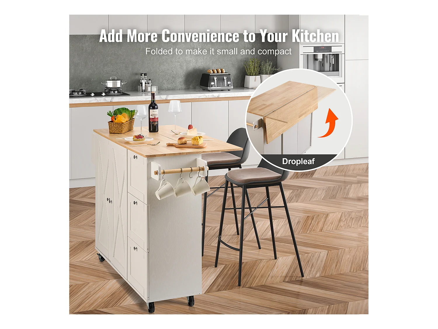 Ilot Central de Cuisine, SucceBuy Armoire de Rangement Roulante avec Chariot d'Îlot de Cuisine de 115 cm avec Tiroir et Support