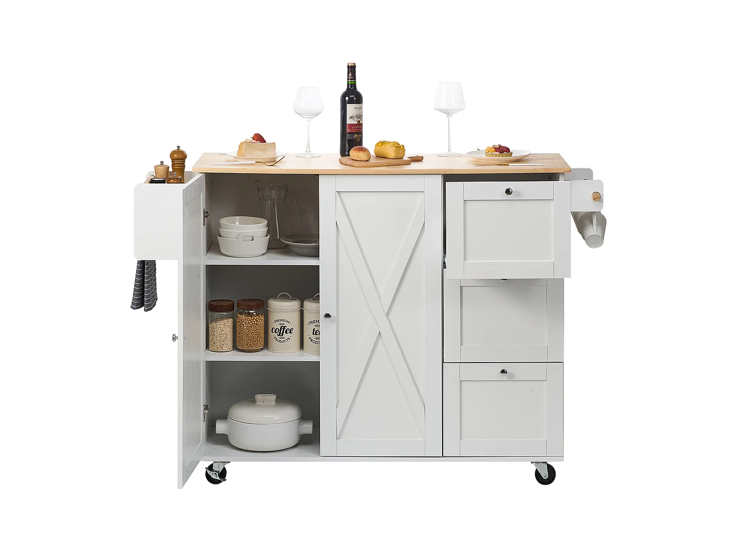 Ilot Central de Cuisine, SucceBuy Armoire de Rangement Roulante avec Chariot d'Îlot de Cuisine de 115 cm avec Tiroir et Support