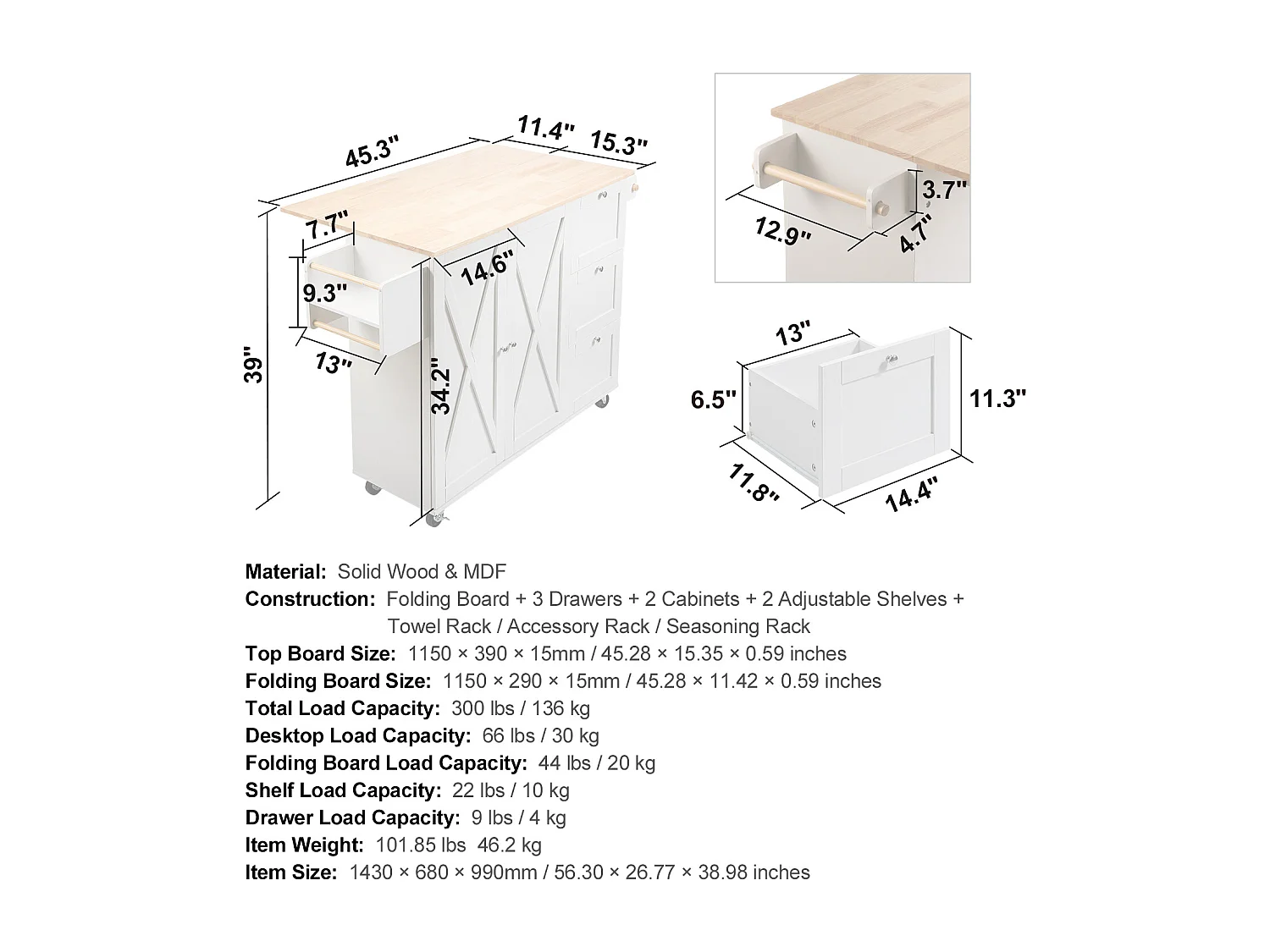 Ilot Central de Cuisine, SucceBuy Armoire de Rangement Roulante avec Chariot d'Îlot de Cuisine de 115 cm avec Tiroir et Support