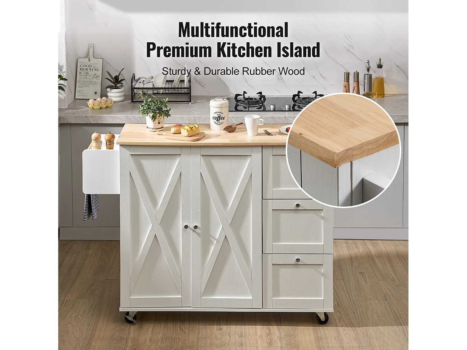 Ilot Central de Cuisine, SucceBuy Armoire de Rangement Roulante avec Chariot d'Îlot de Cuisine de 115 cm avec Tiroir et Support