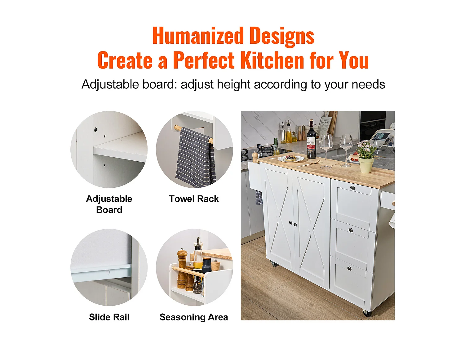 Ilot Central de Cuisine, SucceBuy Armoire de Rangement Roulante avec Chariot d'Îlot de Cuisine de 115 cm avec Tiroir et Support