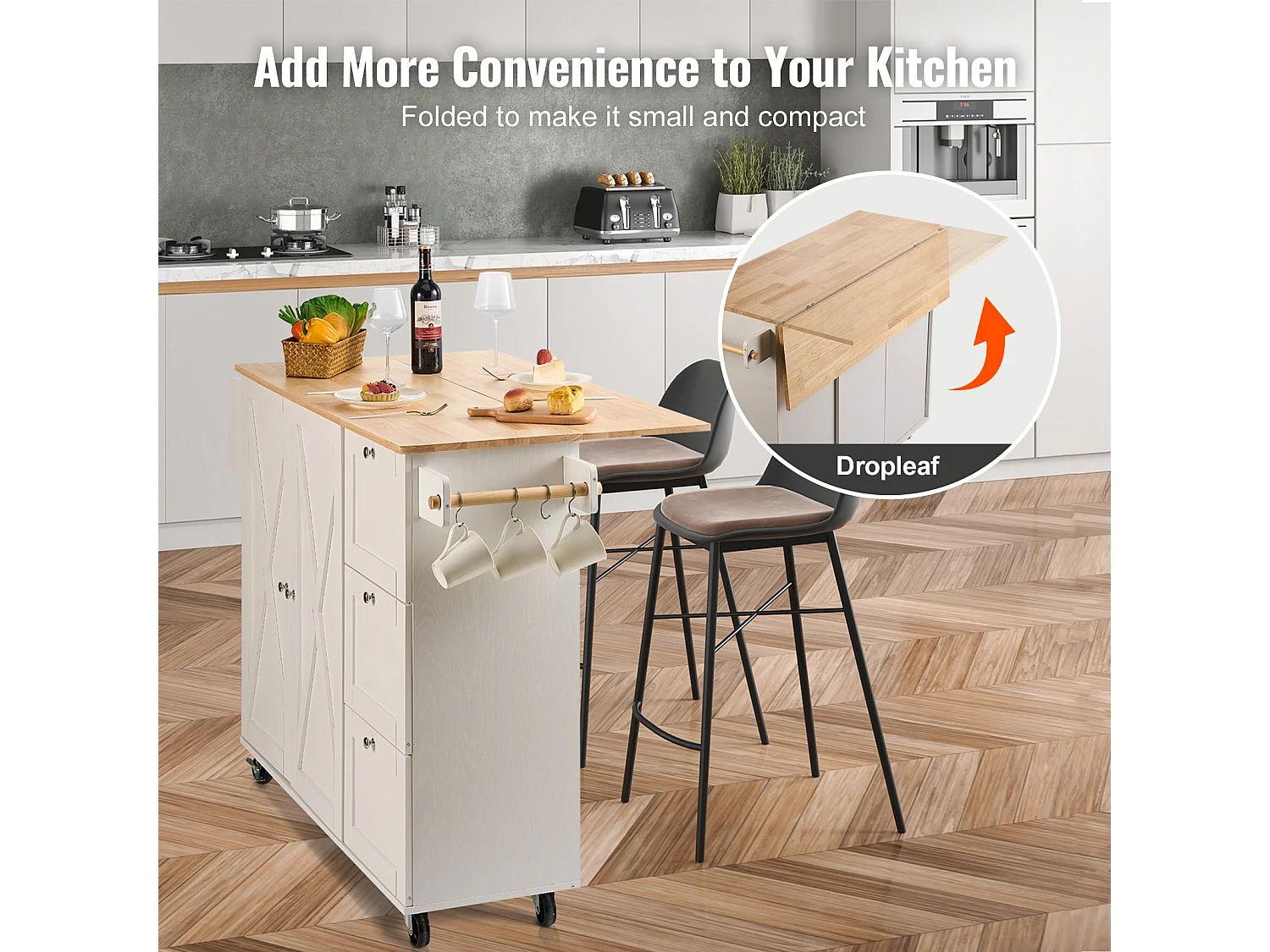 Ilot Central de Cuisine, SucceBuy Armoire de Rangement Roulante avec Chariot d'Îlot de Cuisine de 115 cm avec Tiroir et Support